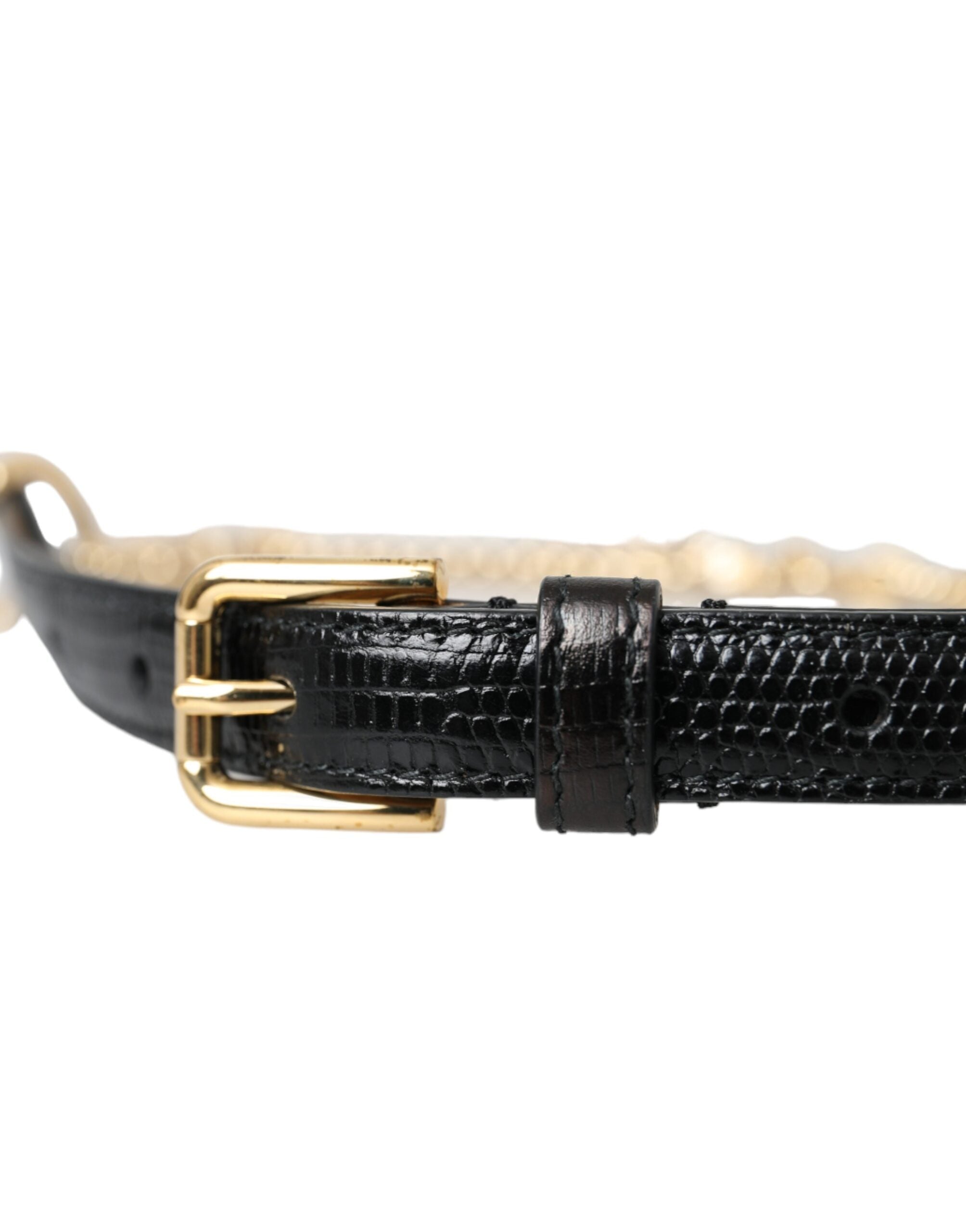 Dolce & Gabbana Damen-Taillengürtel aus schwarzem Leder mit Goldkette und Kristallen