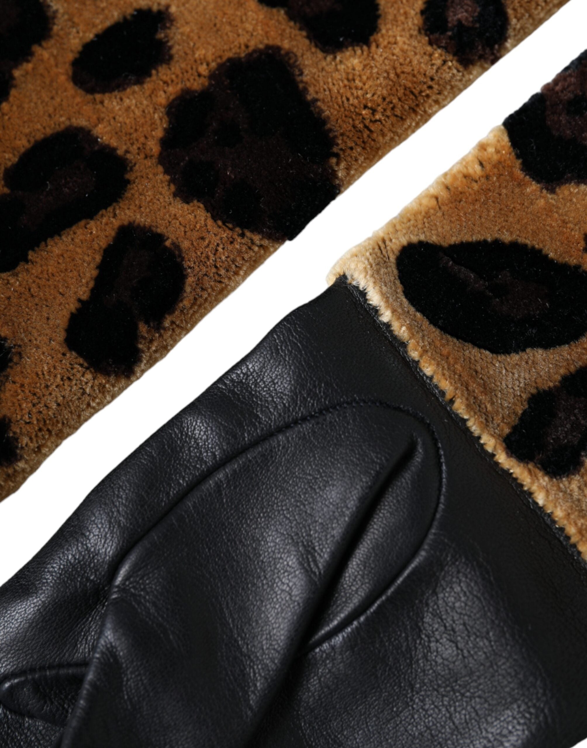 Mănuși Dolce & Gabbana din piele maro-neagră cu imprimeu leopard, lungime până la cot
