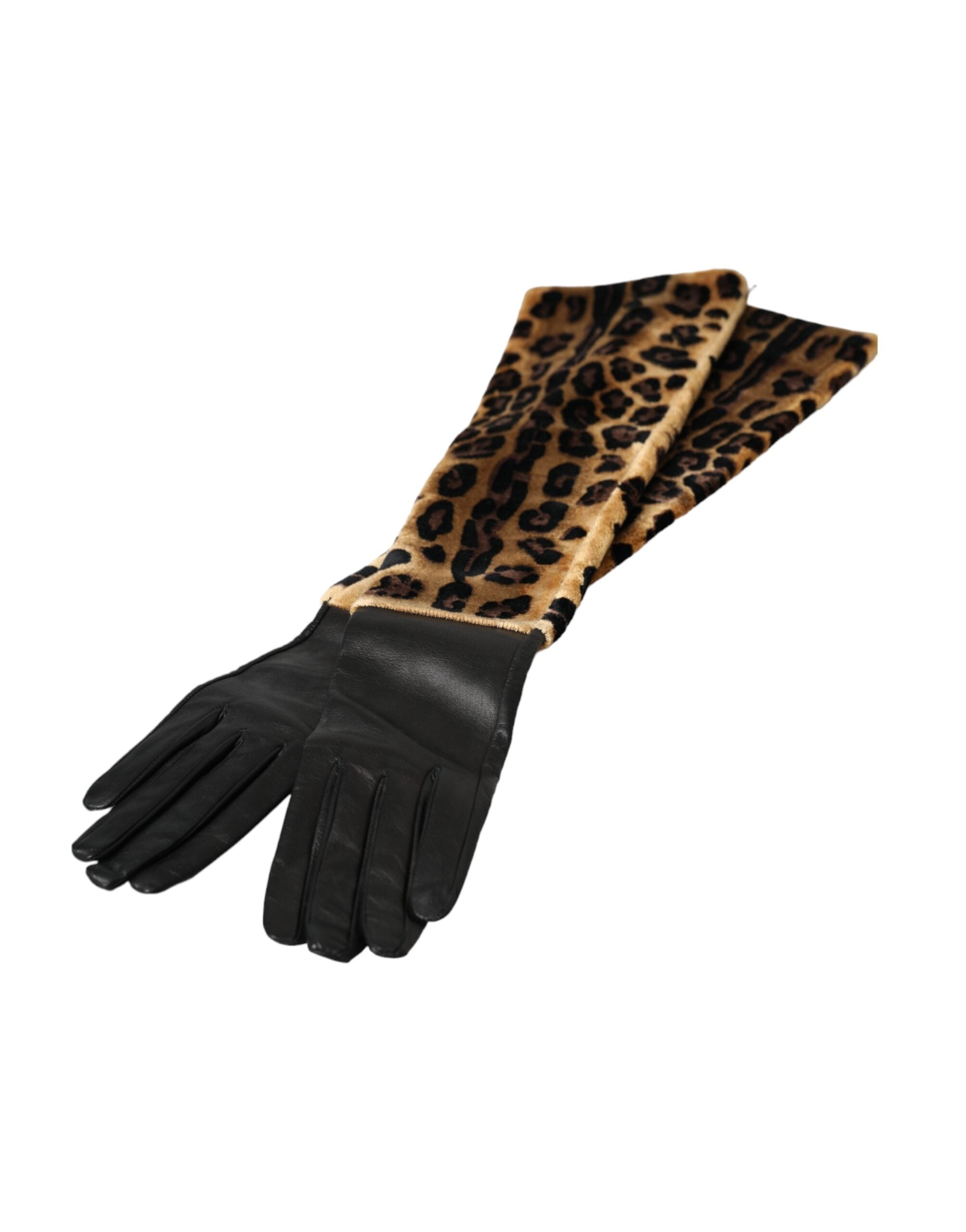 Mănuși Dolce & Gabbana din piele maro-neagră cu imprimeu leopard, lungime până la cot