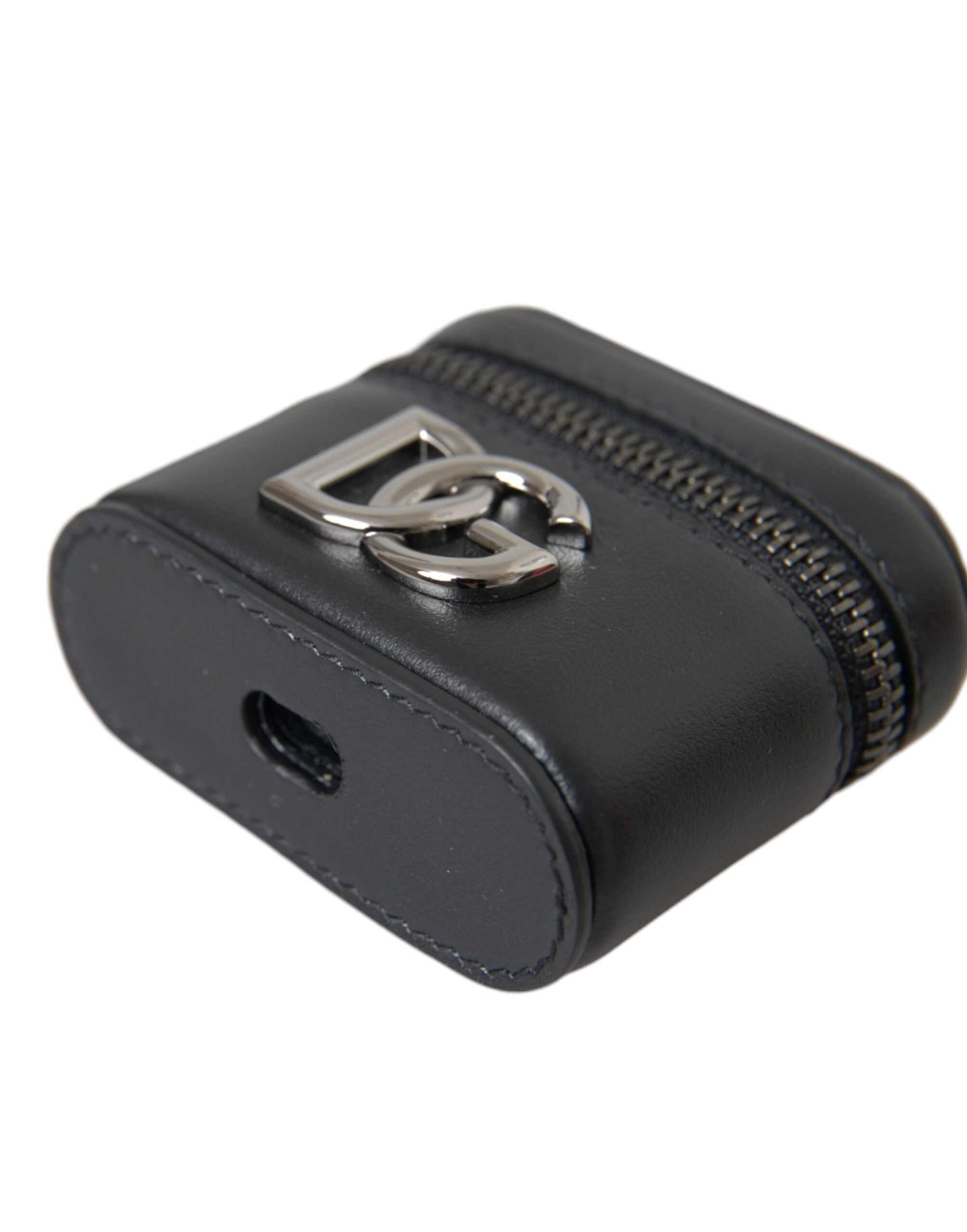 Husă Dolce & Gabbana pentru Airpods din piele, neagră, cu logo DG, din metal argintiu