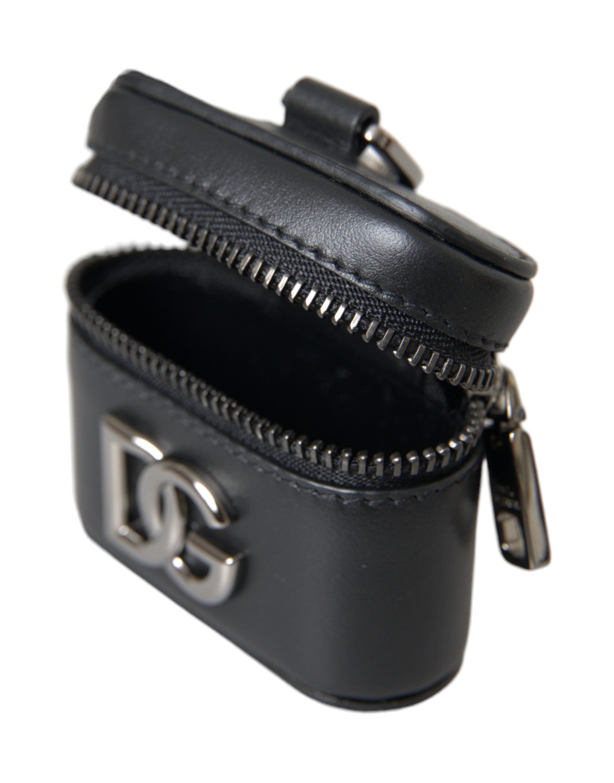 Husă Dolce & Gabbana pentru Airpods din piele, neagră, cu logo DG, din metal argintiu