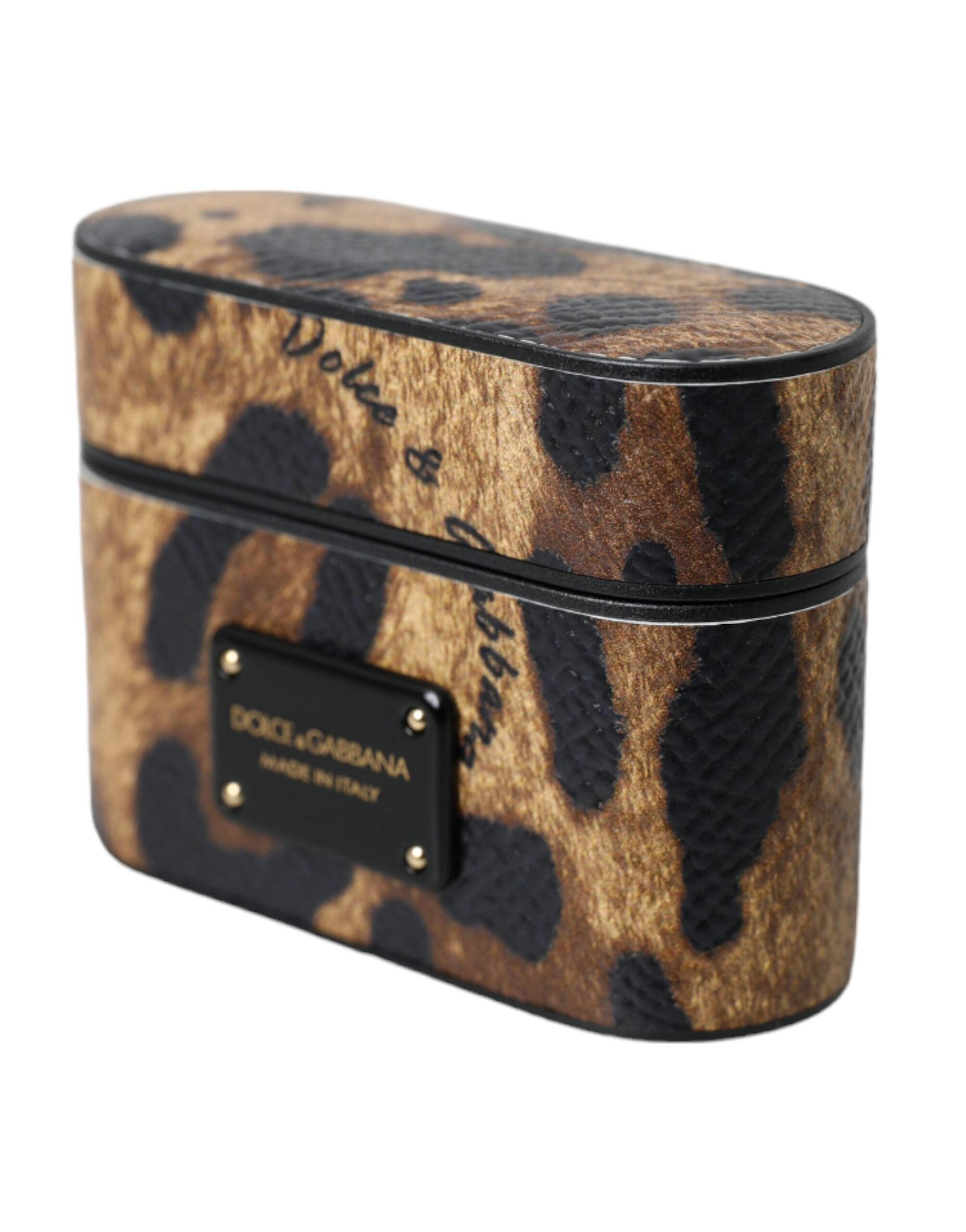 Husă Dolce & Gabbana pentru Airpods din piele de vițel maro cu leopard și placă metalică cu logo