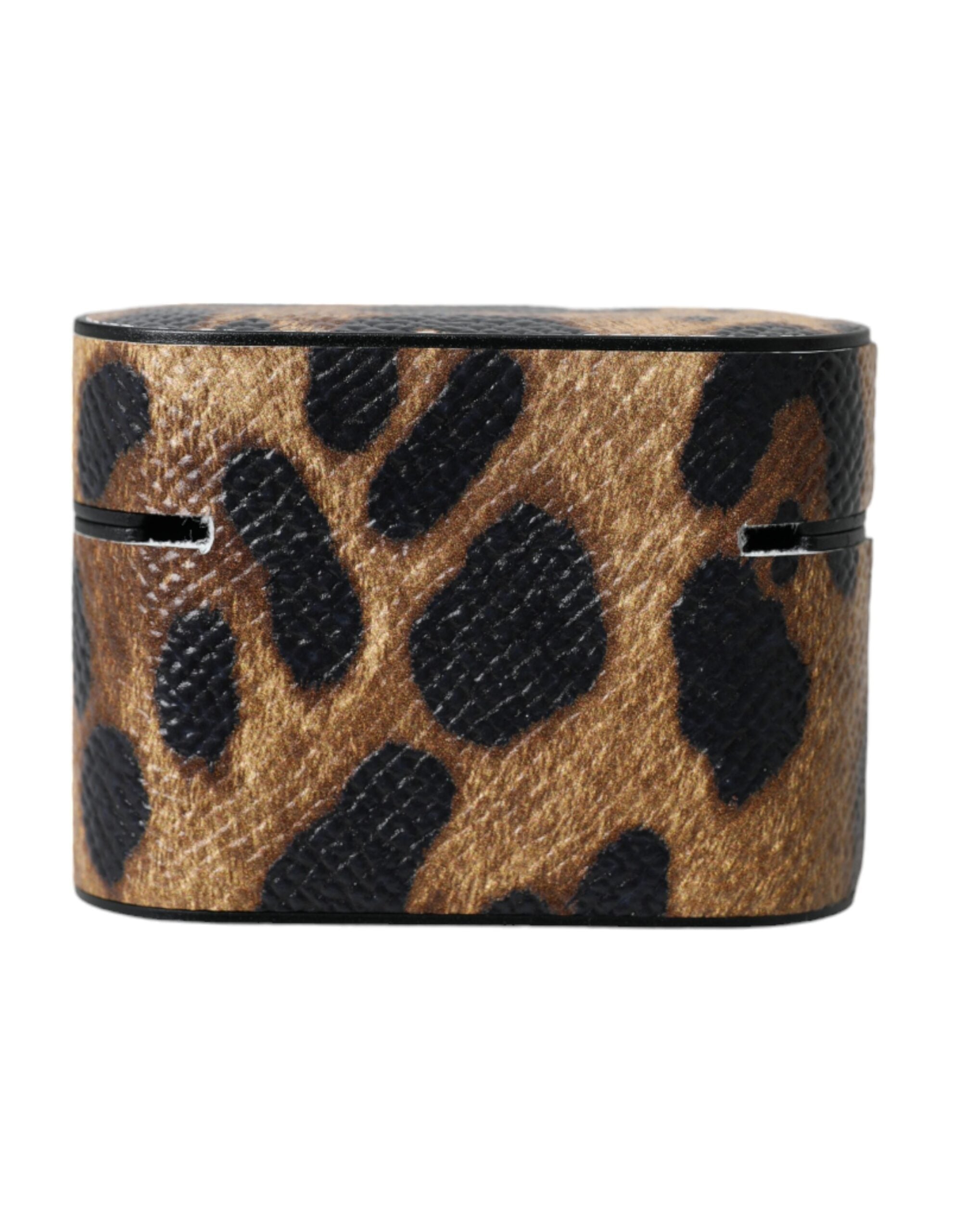 Husă Dolce & Gabbana pentru Airpods din piele de vițel maro cu leopard și placă metalică cu logo
