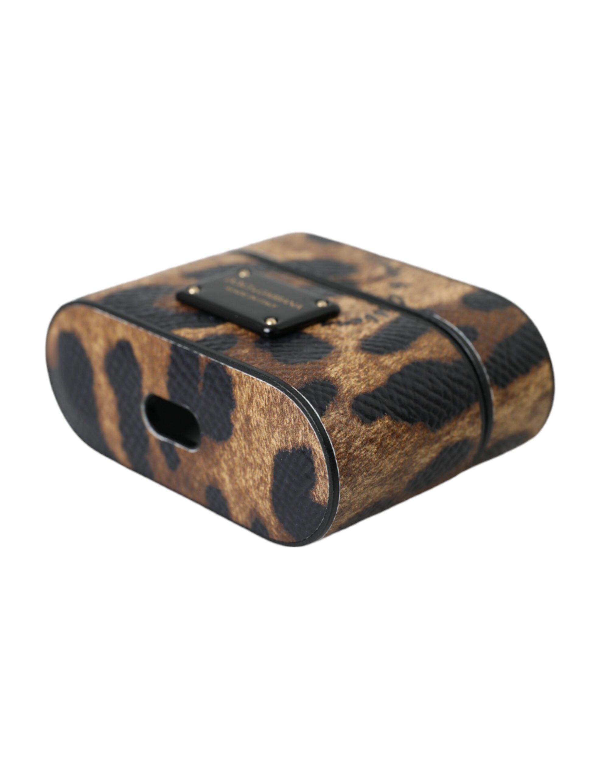 Husă Dolce & Gabbana pentru Airpods din piele de vițel maro cu leopard și placă metalică cu logo