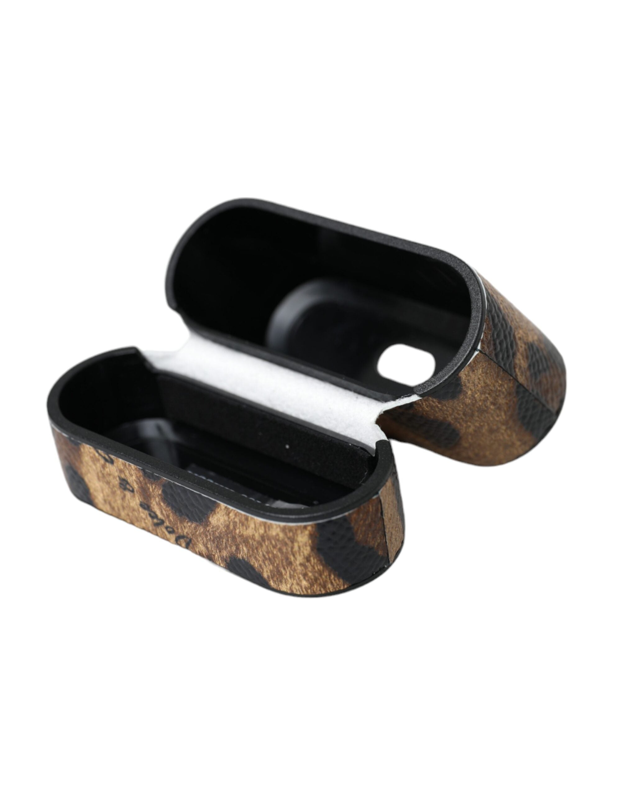 Husă Dolce & Gabbana pentru Airpods din piele de vițel maro cu leopard și placă metalică cu logo
