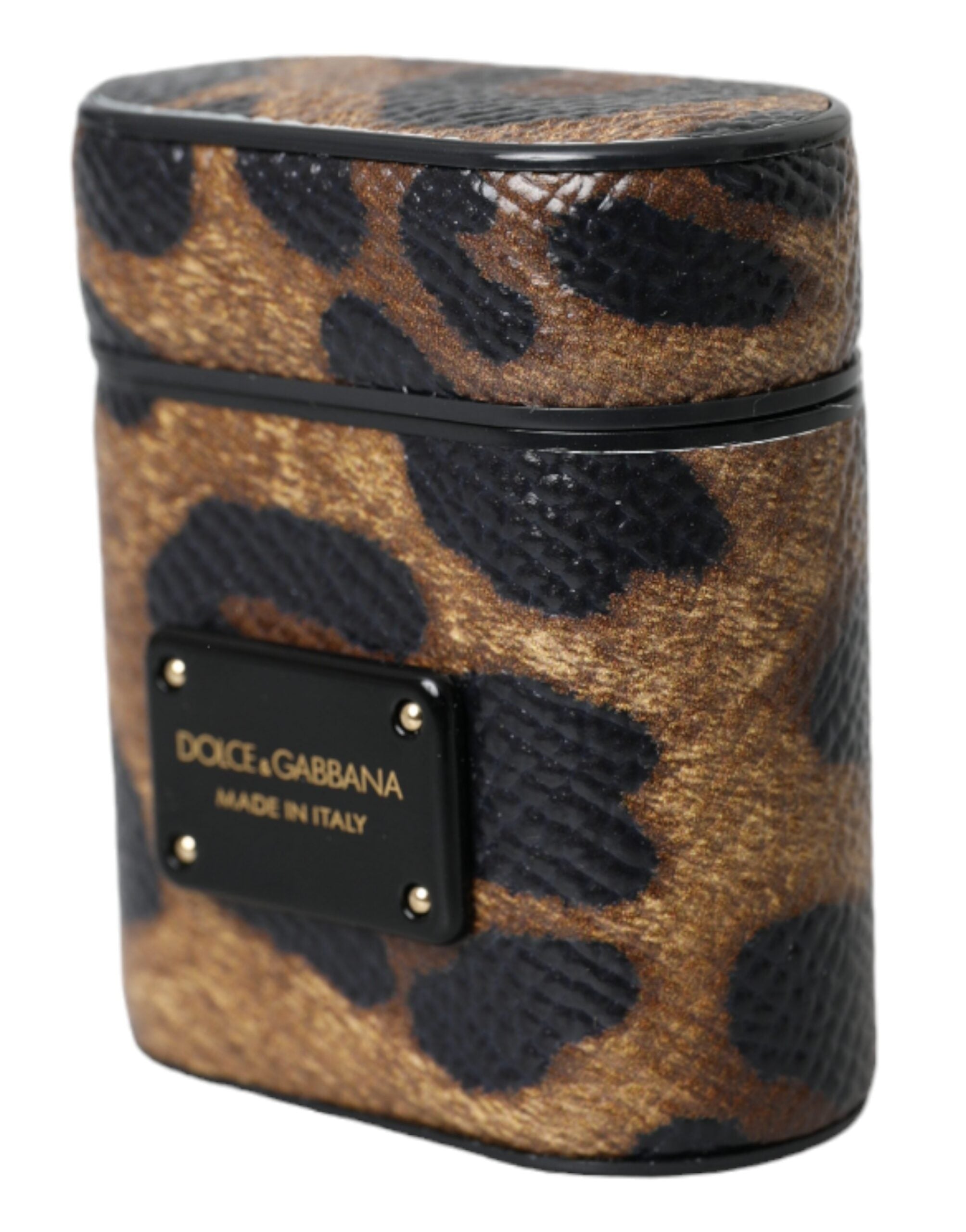 Husă Dolce & Gabbana pentru Airpods din piele de vițel maro cu leopard și placă metalică cu logo