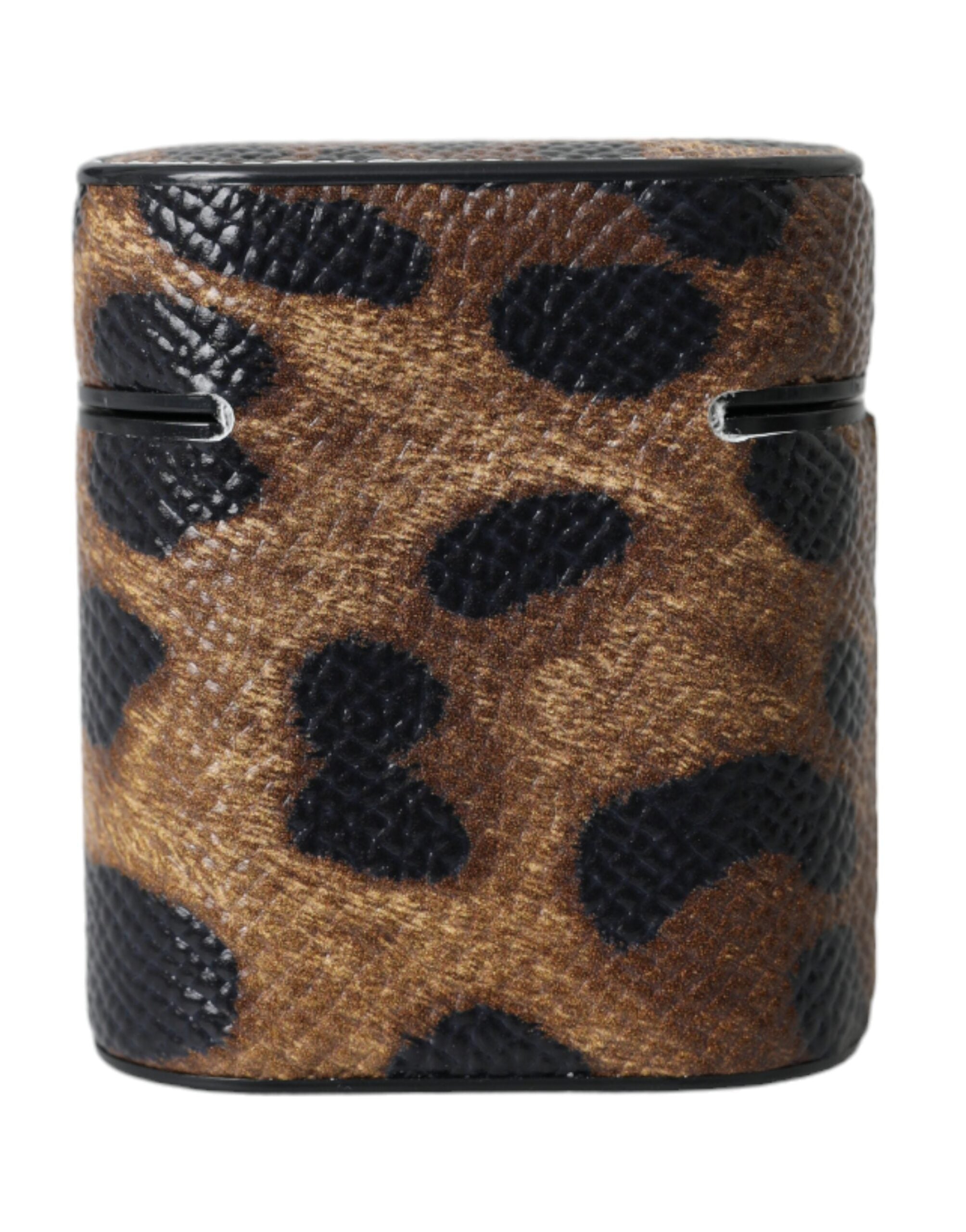 Husă Dolce & Gabbana pentru Airpods din piele de vițel maro cu leopard și placă metalică cu logo