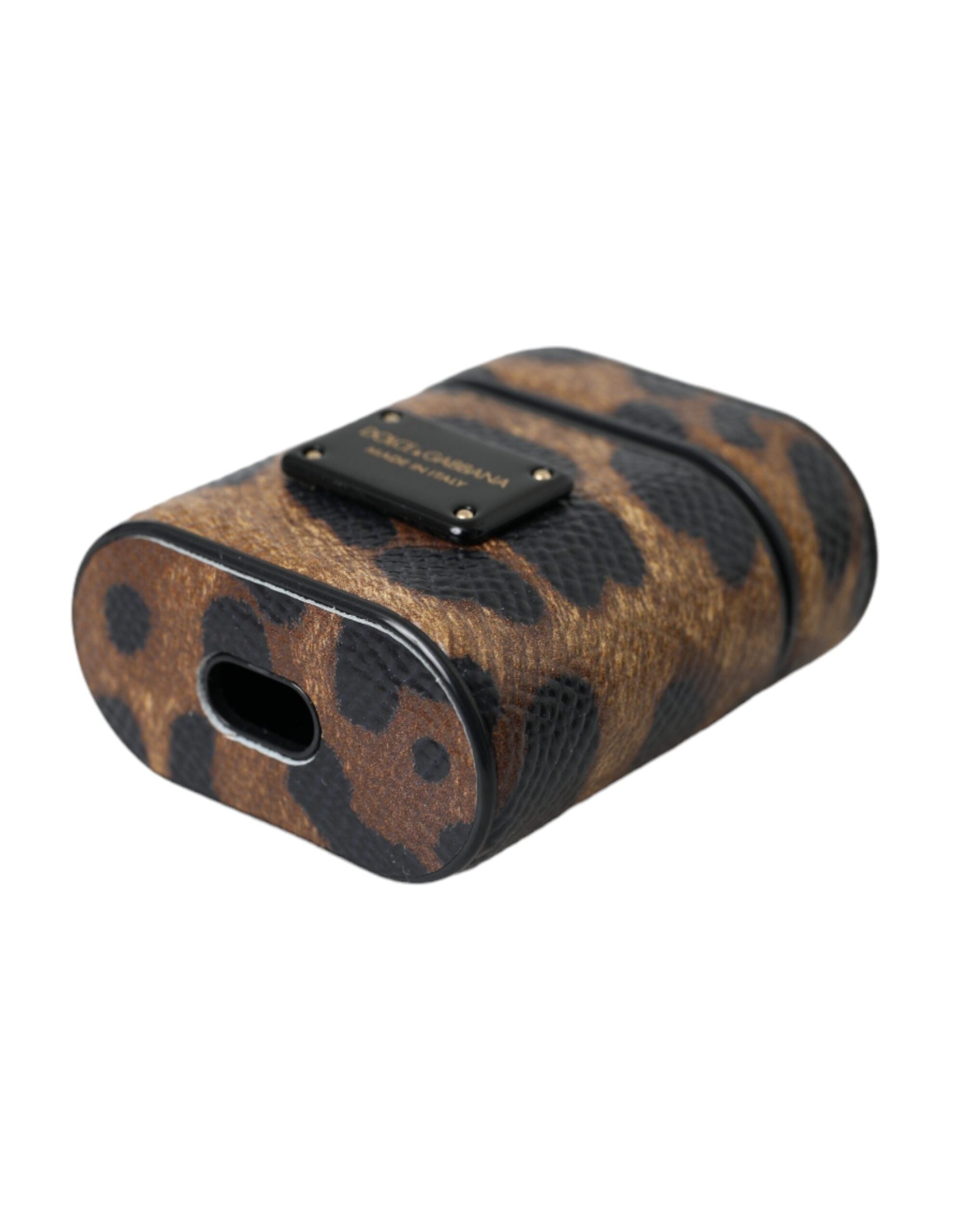 Husă Dolce & Gabbana pentru Airpods din piele de vițel maro cu leopard și placă metalică cu logo