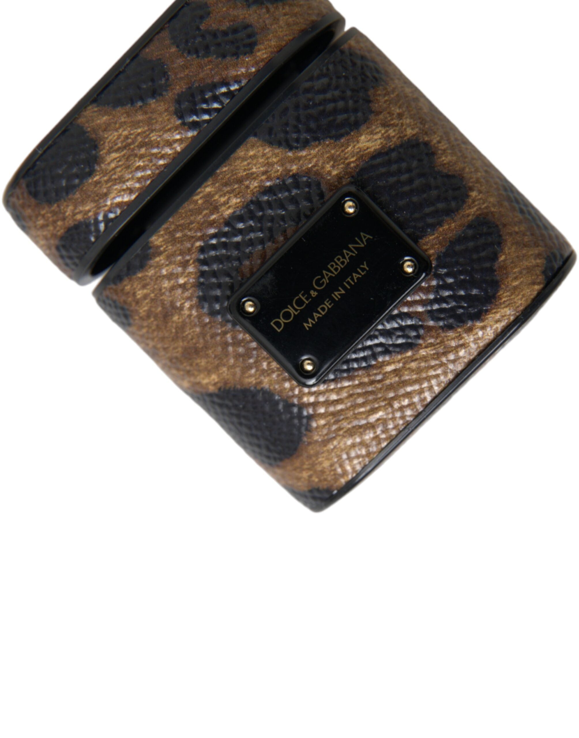 Husă Dolce & Gabbana pentru Airpods din piele de vițel maro cu leopard și placă metalică cu logo