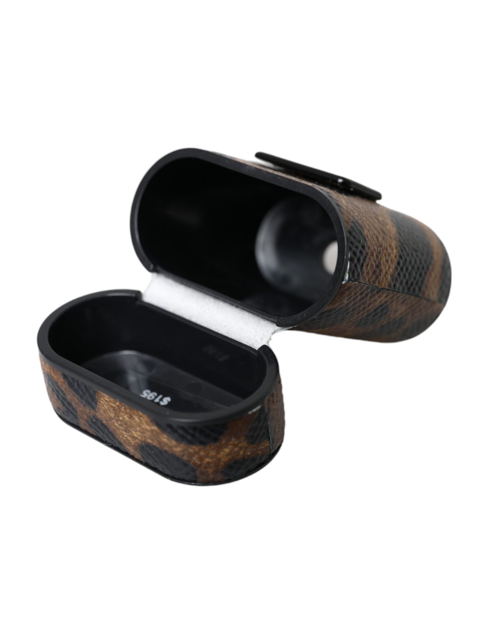 Husă Dolce & Gabbana pentru Airpods din piele de vițel maro cu leopard și placă metalică cu logo