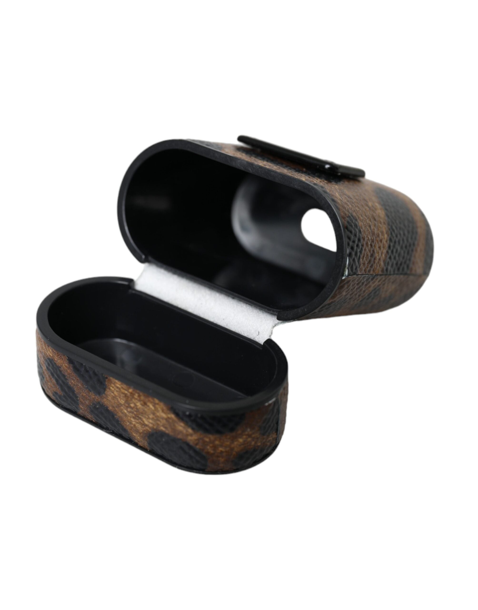 Husă Dolce & Gabbana pentru Airpods din piele de vițel maro cu leopard și placă metalică cu logo