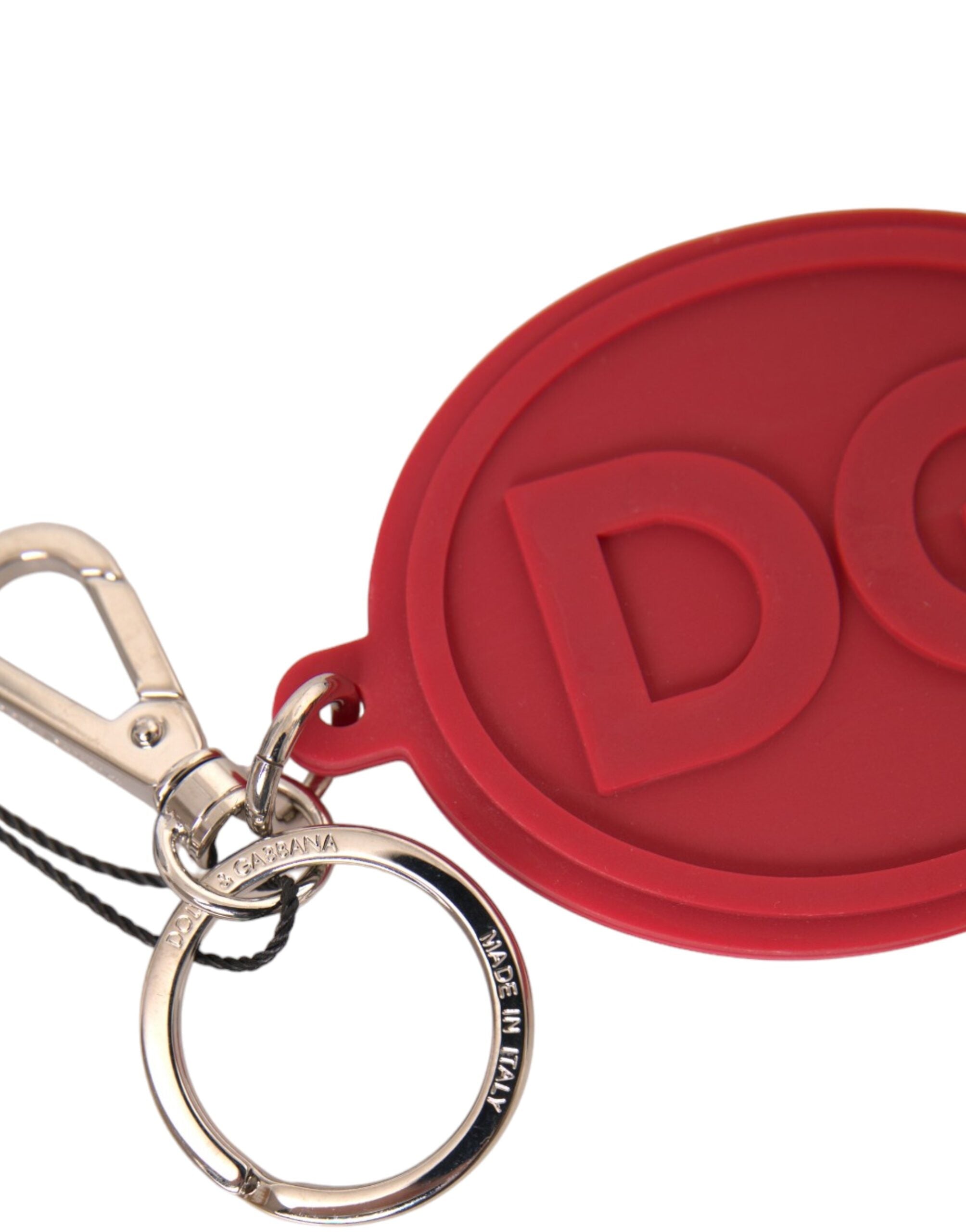 Breloc Dolce & Gabbana cu logo DG din cauciuc roșu, din metal argintiu, din alamă
