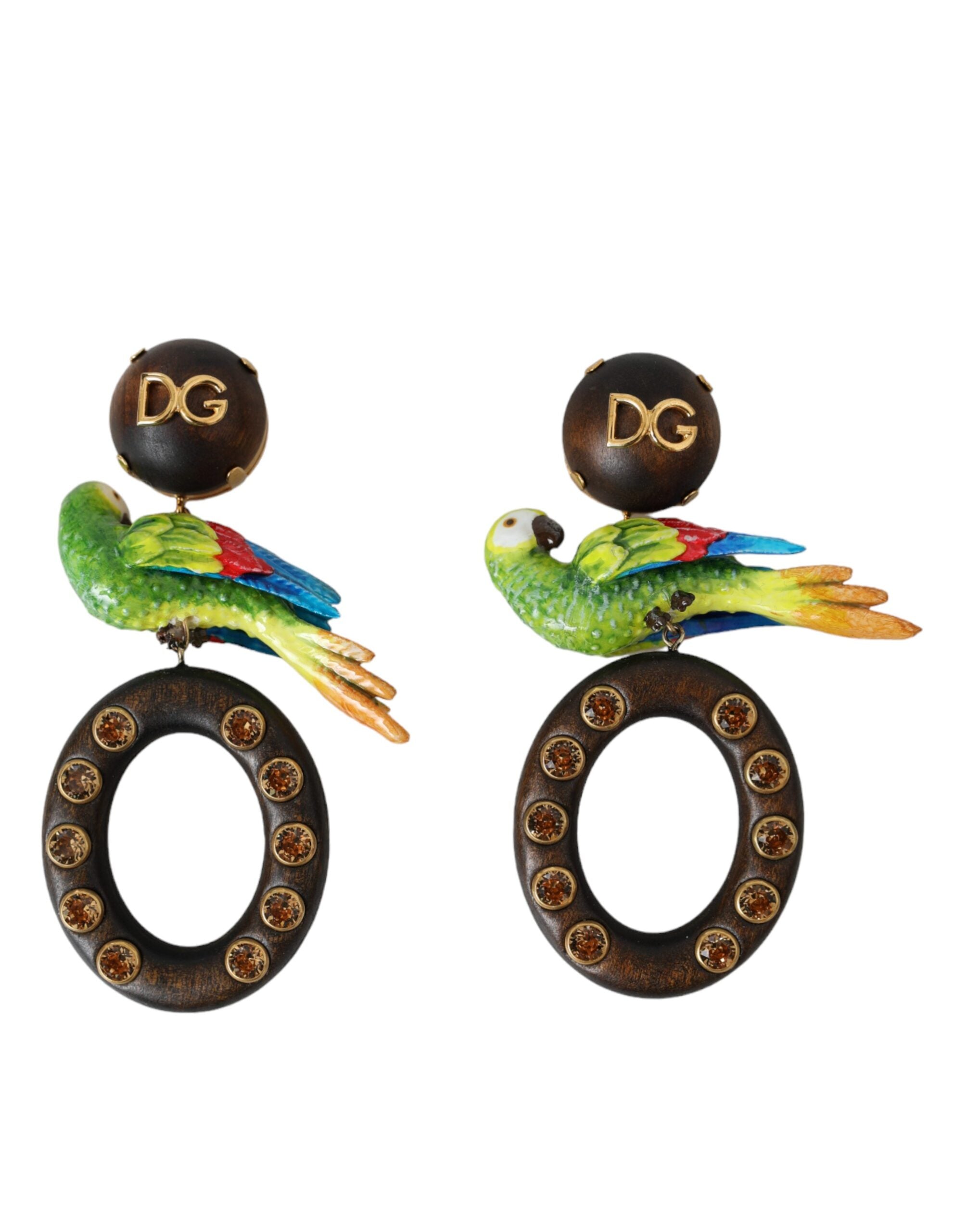Dolce & Gabbana – Mehrfarbige Ohrringe mit Papageienholz und Messing und Kristallverzierung