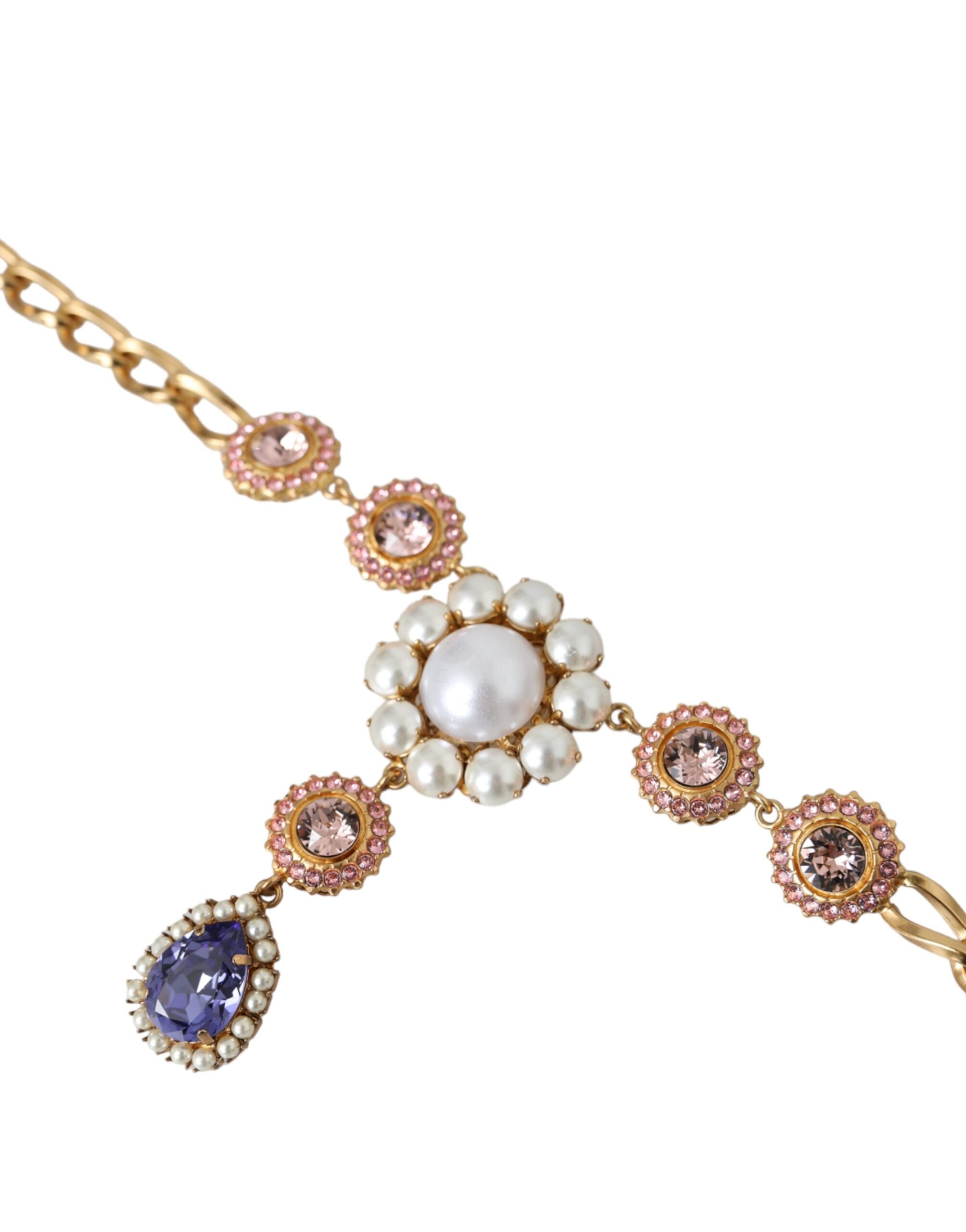 Dolce & Gabbana Halskette mit Anhängern aus goldenem Messing mit Kristallen, lila und rosa Perlen