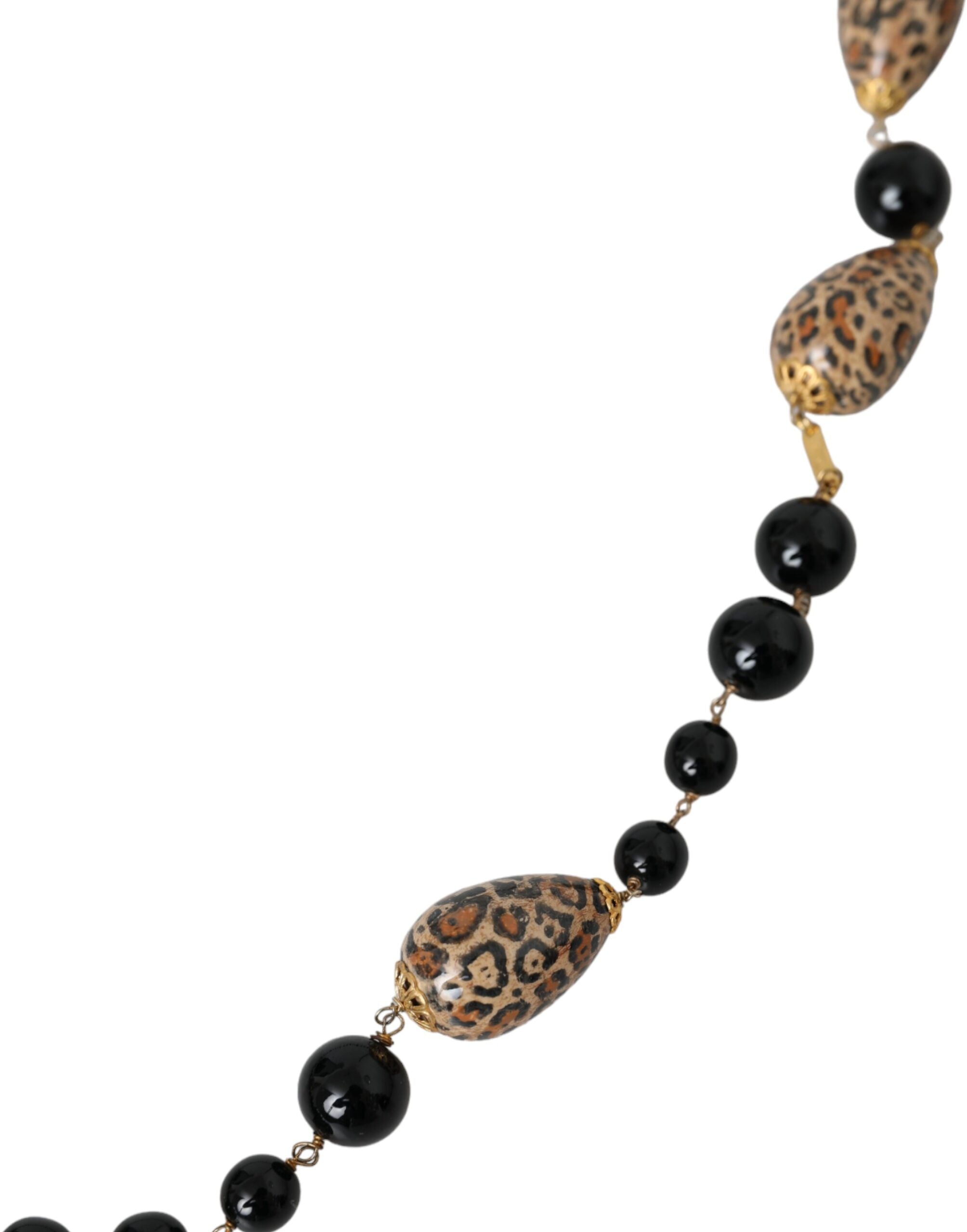 Dolce & Gabbana – Lange Halskette aus goldfarbenem Messing mit schwarzen Perlen