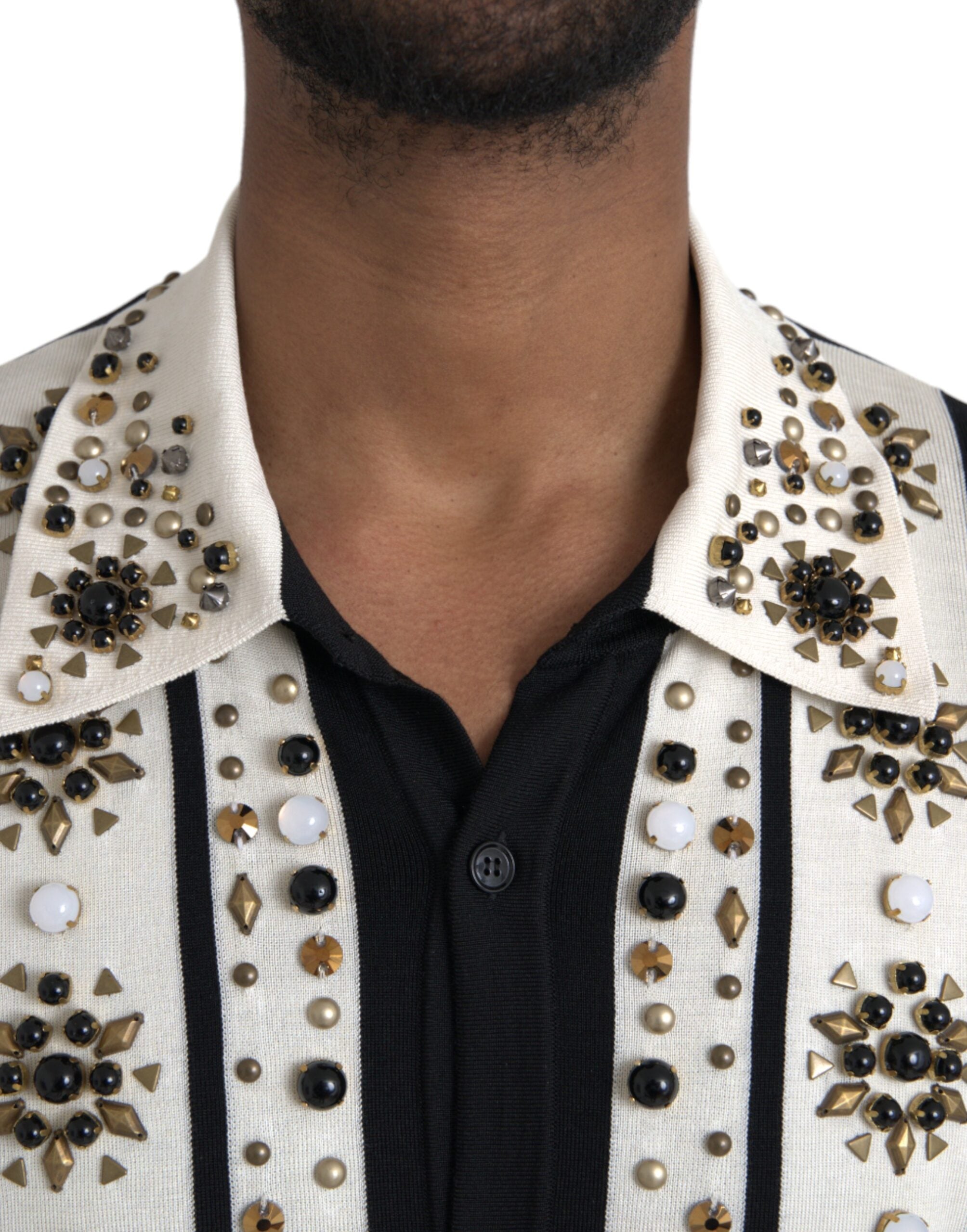 Dolce & Gabbana – Weißes, schwarzes Seidenhemd mit Stein- und Kristallbesatz