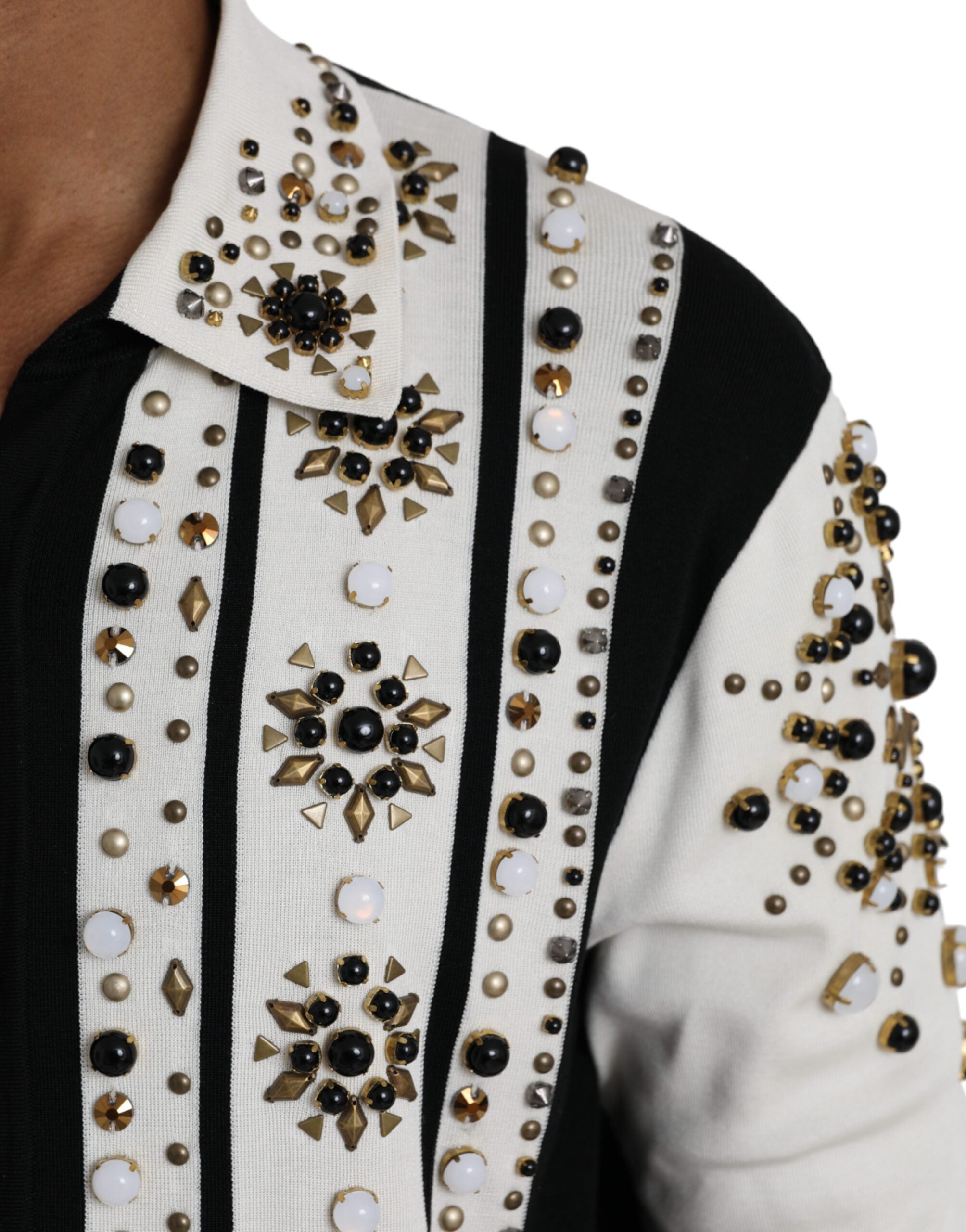 Dolce & Gabbana – Weißes, schwarzes Seidenhemd mit Stein- und Kristallbesatz