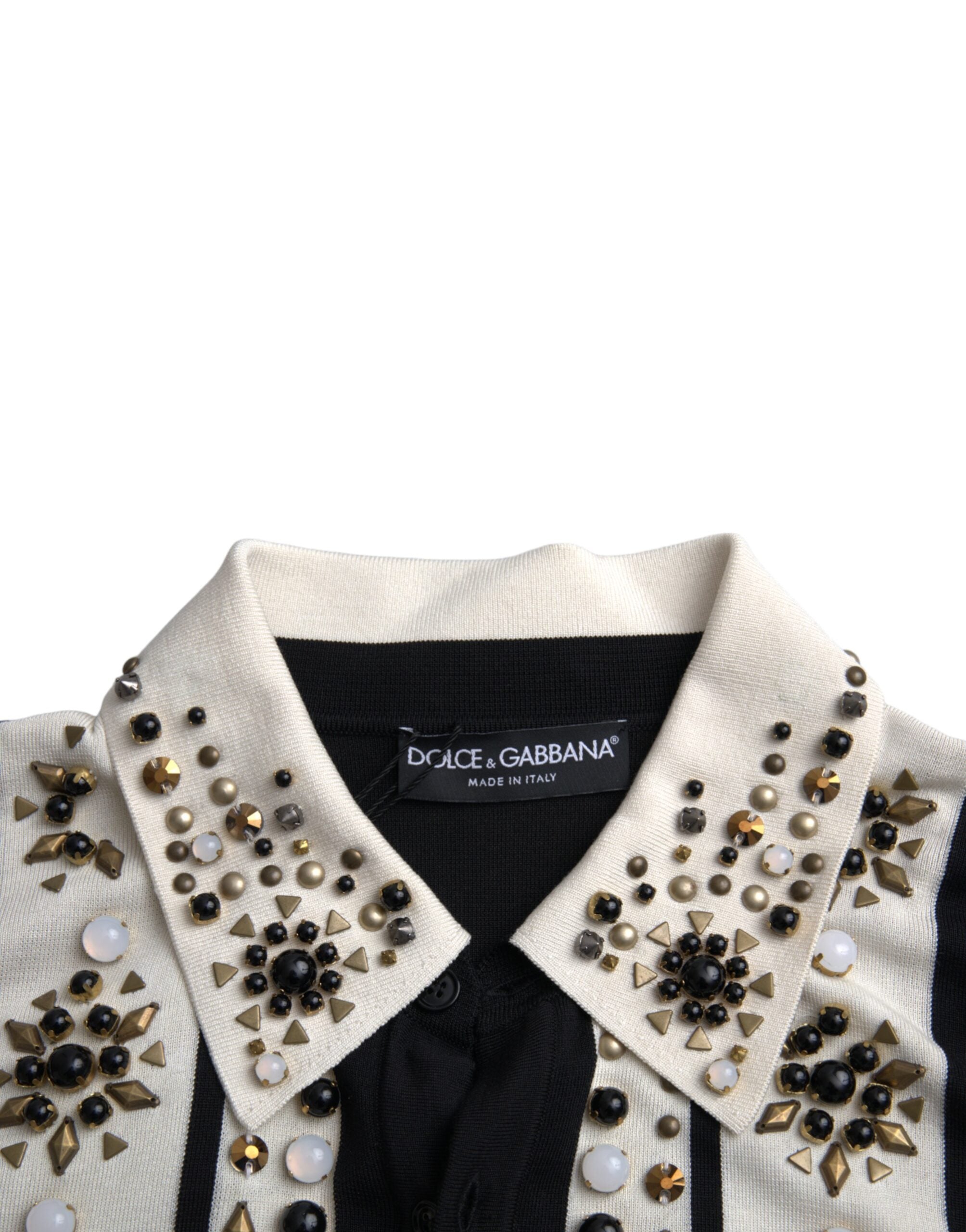 Dolce & Gabbana – Weißes, schwarzes Seidenhemd mit Stein- und Kristallbesatz