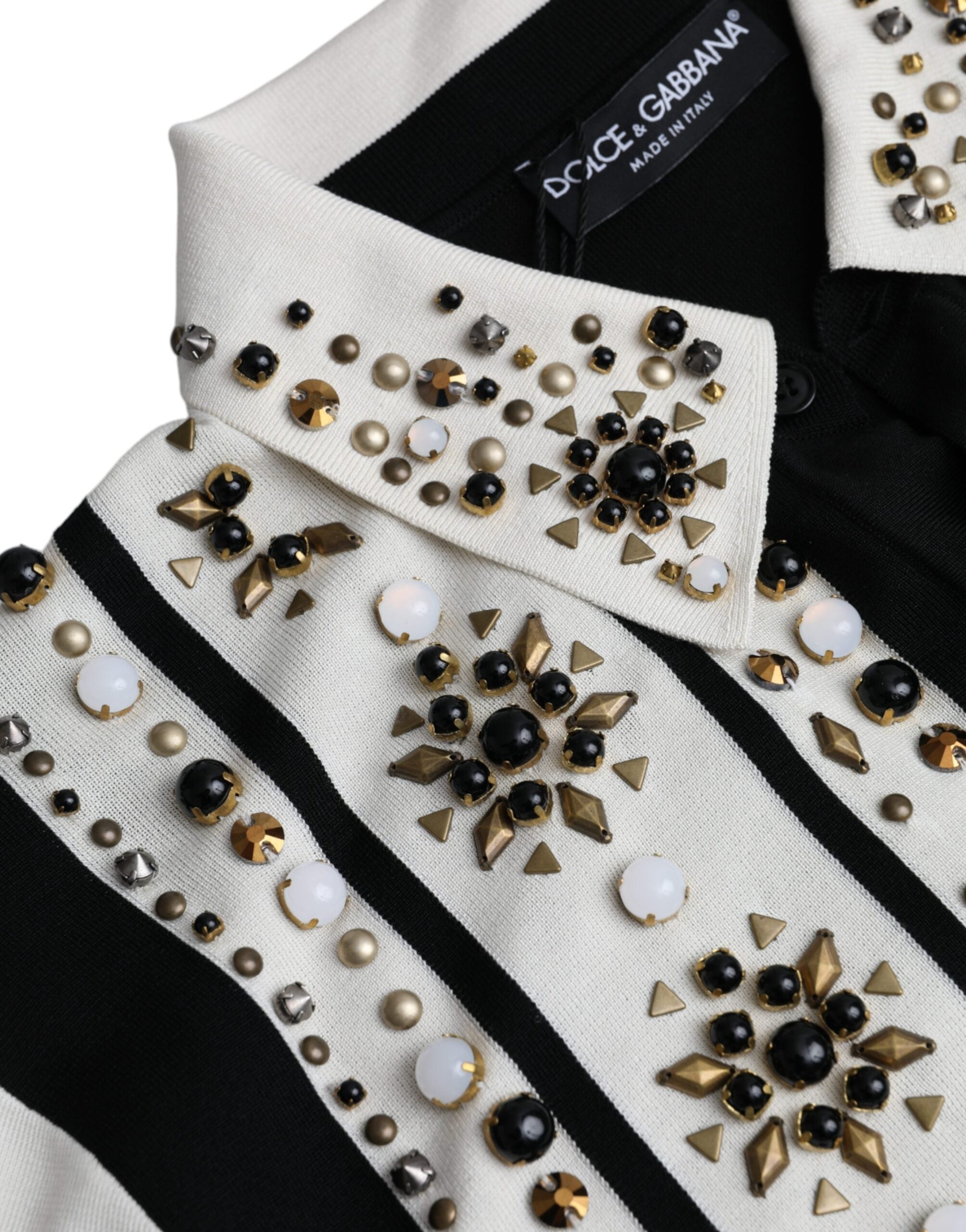 Dolce & Gabbana – Weißes, schwarzes Seidenhemd mit Stein- und Kristallbesatz