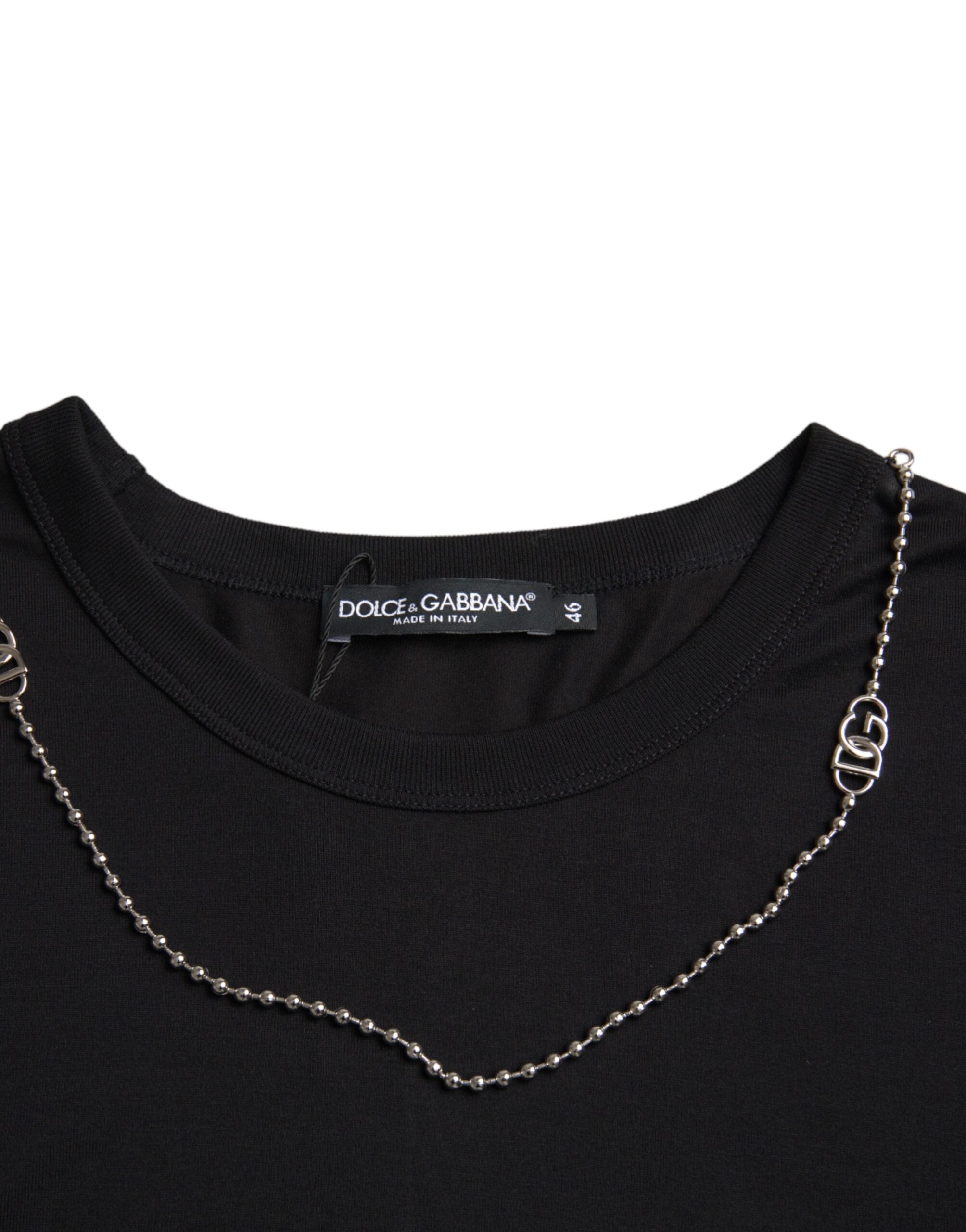 Dolce & Gabbana – Schwarzes, kurzärmliges T-Shirt aus Baumwolle mit silberner Kette
