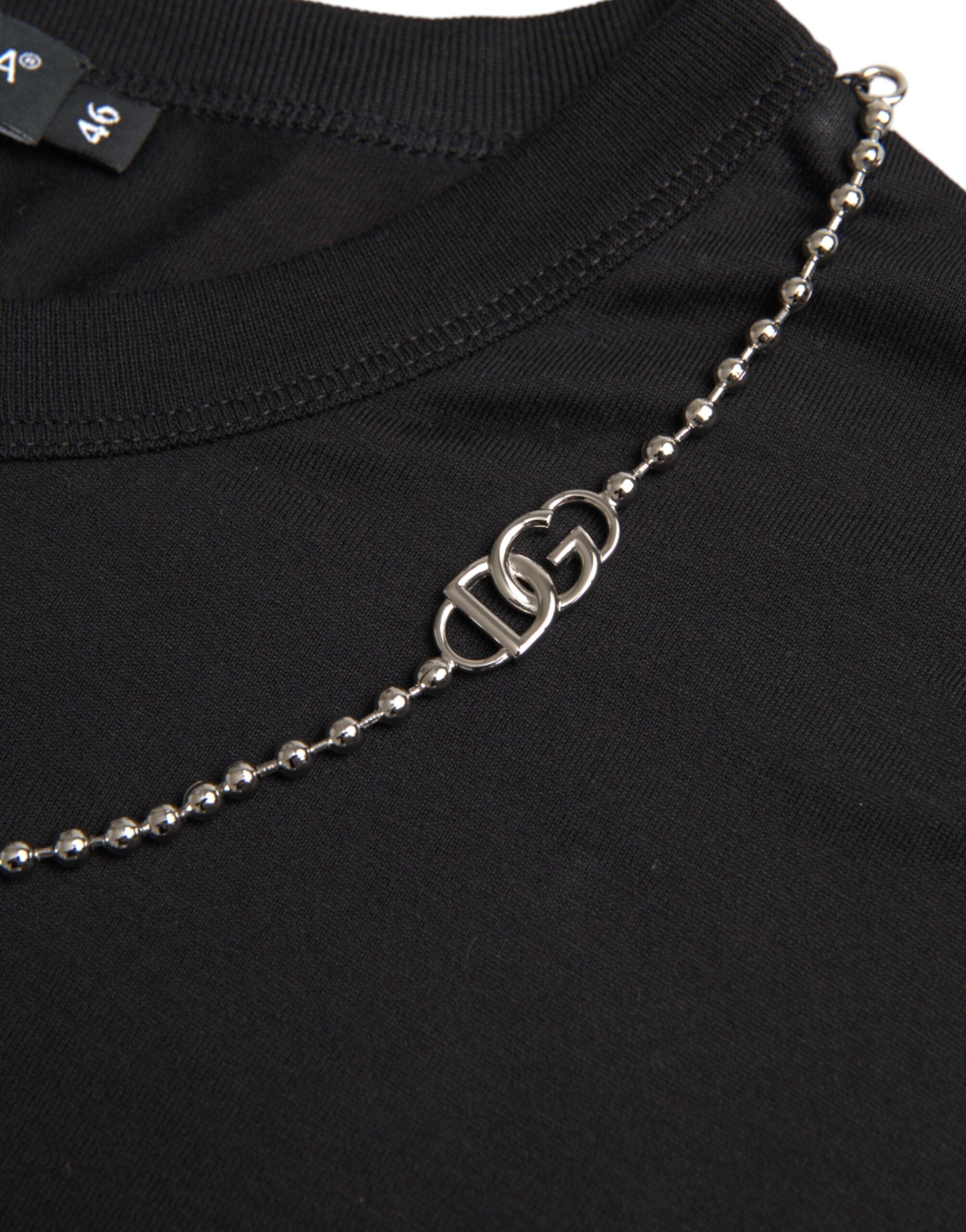 Dolce & Gabbana – Schwarzes, kurzärmliges T-Shirt aus Baumwolle mit silberner Kette