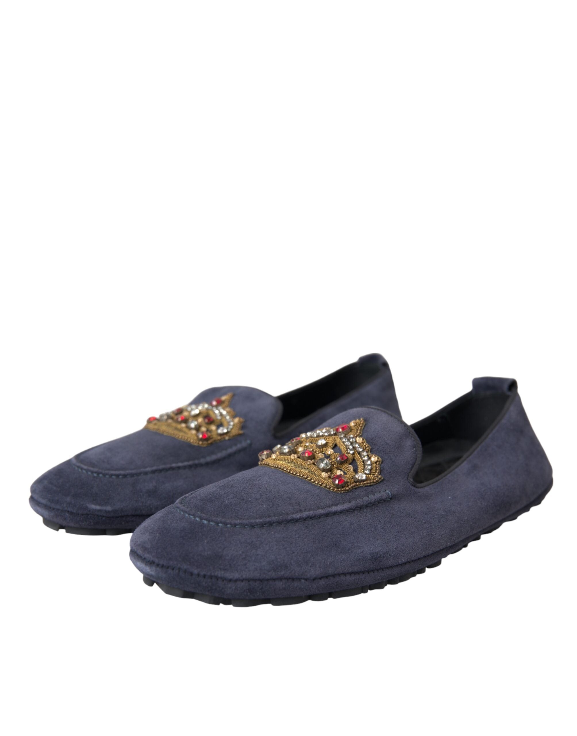 Dolce & Gabbana – Loafer-Schuhe aus blauem Wildleder mit Kristallkrone