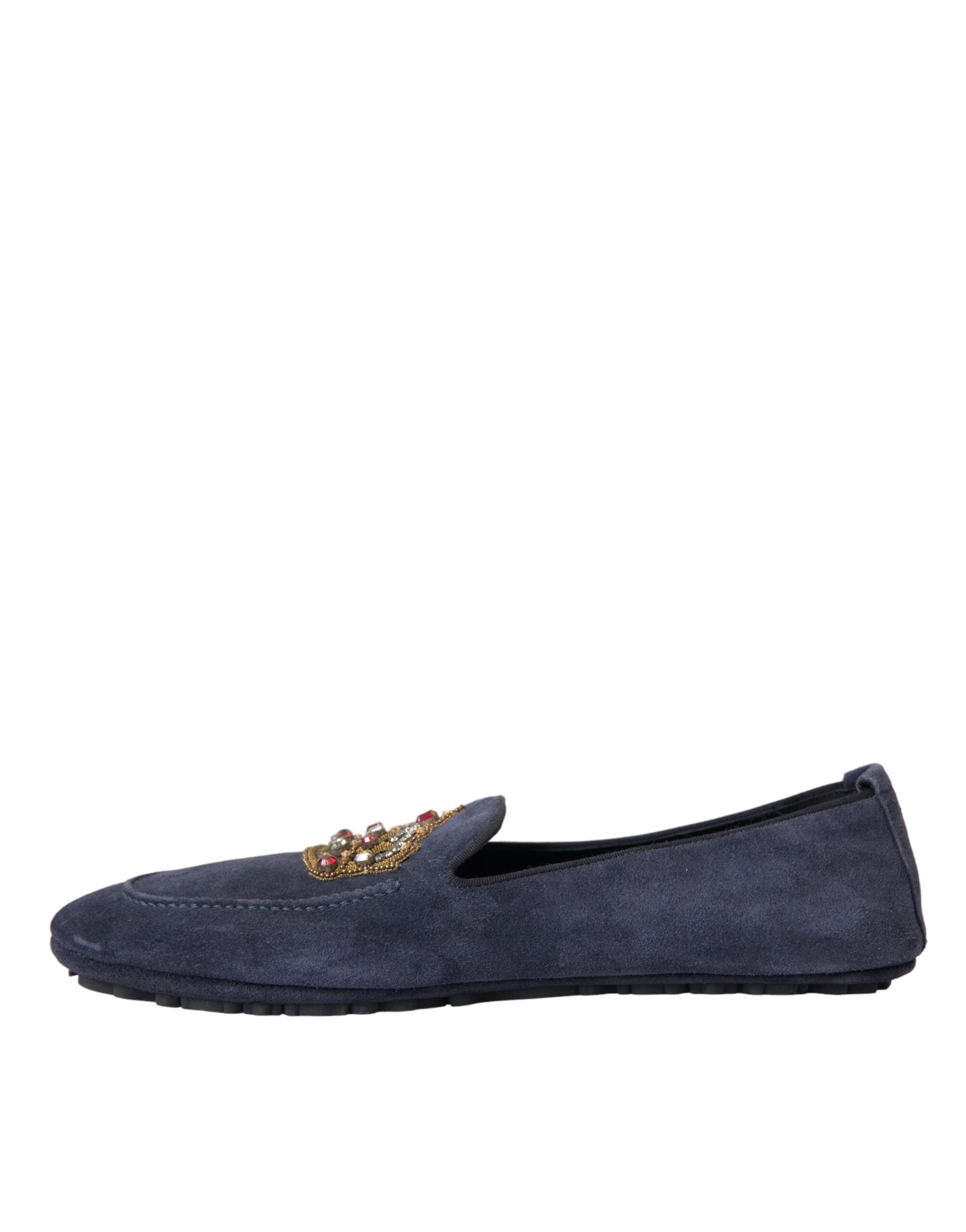 Dolce & Gabbana – Loafer-Schuhe aus blauem Wildleder mit Kristallkrone