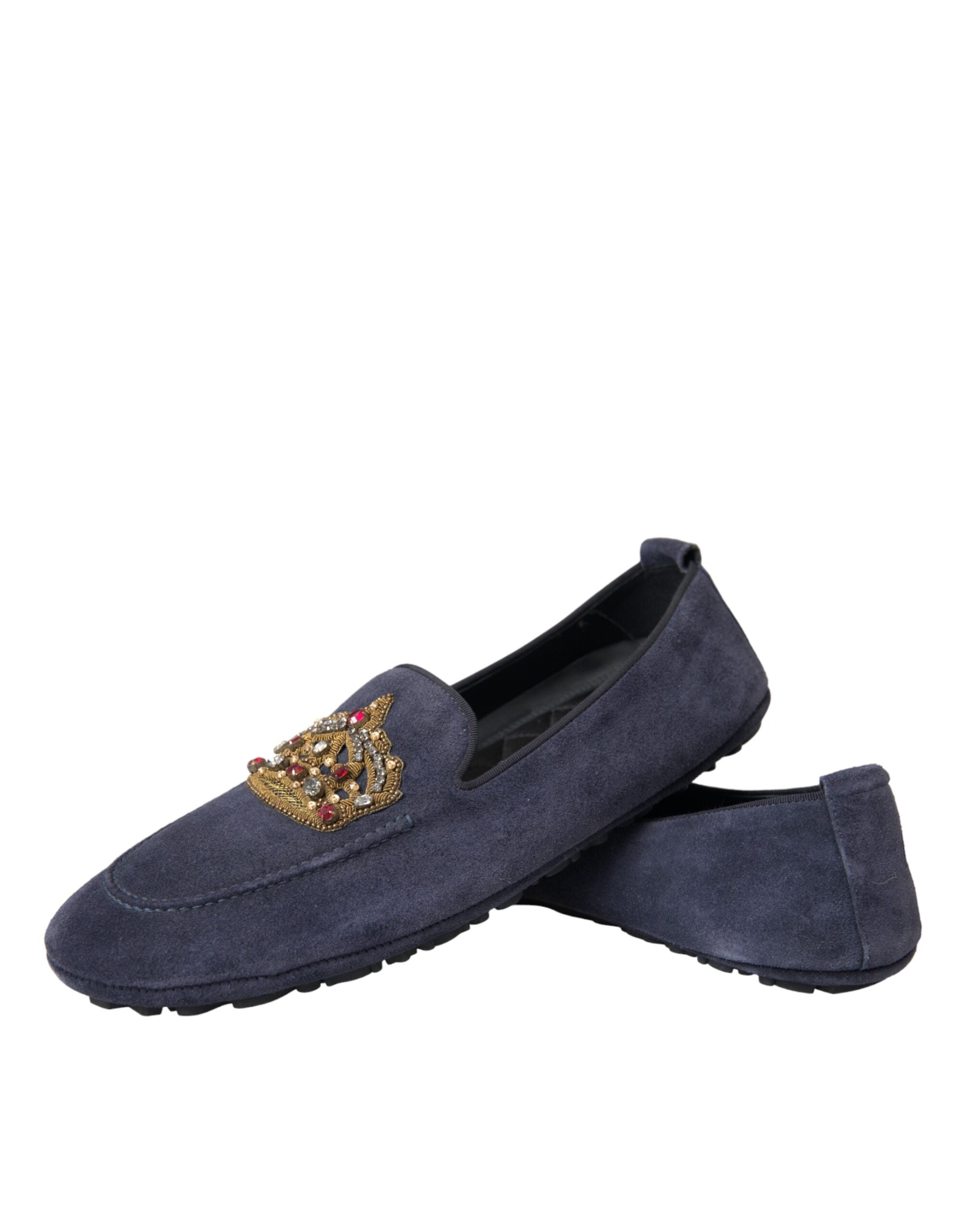 Dolce & Gabbana – Loafer-Schuhe aus blauem Wildleder mit Kristallkrone