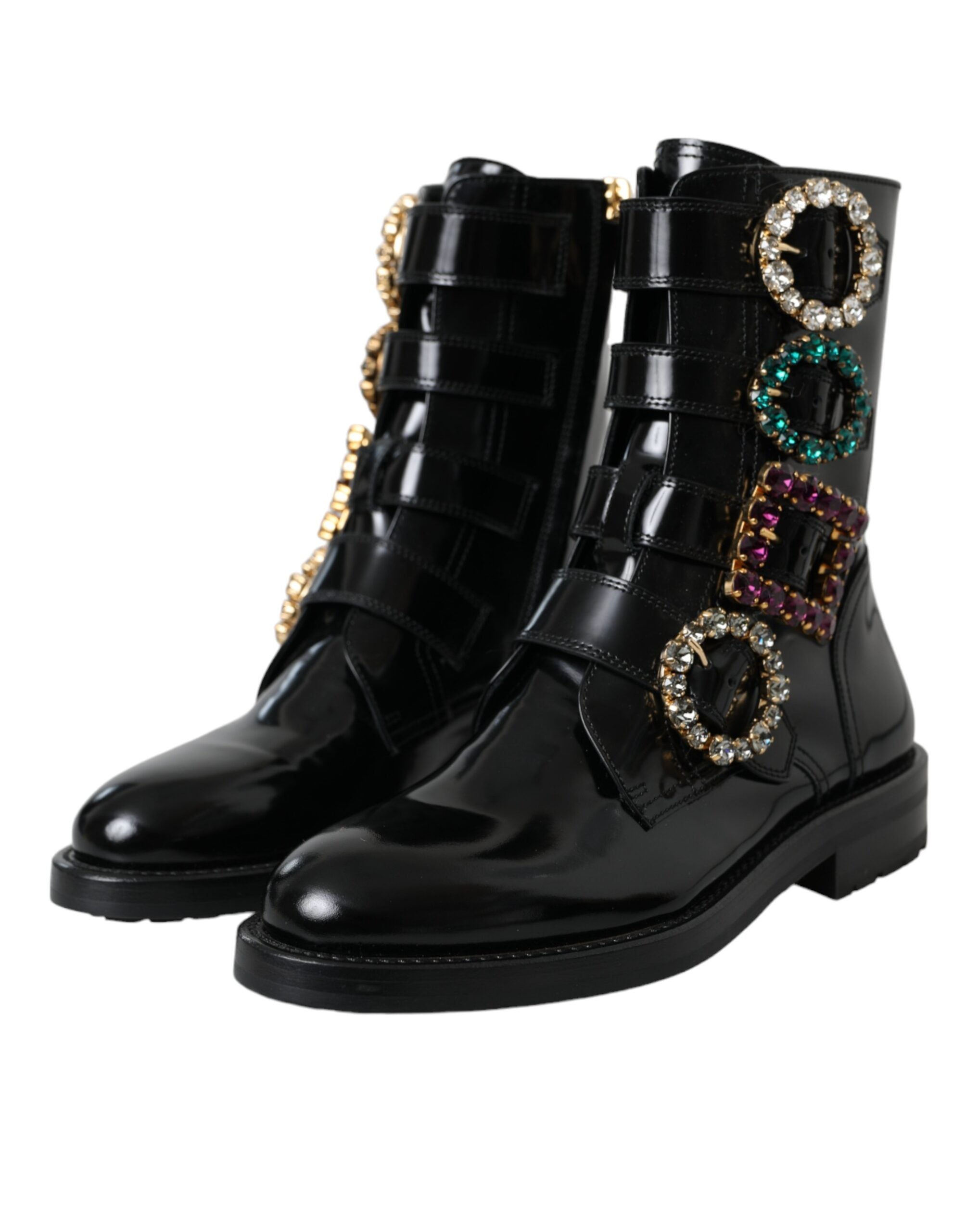 Dolce & Gabbana Schwarze Lederstiefel mit Kristallschnallen