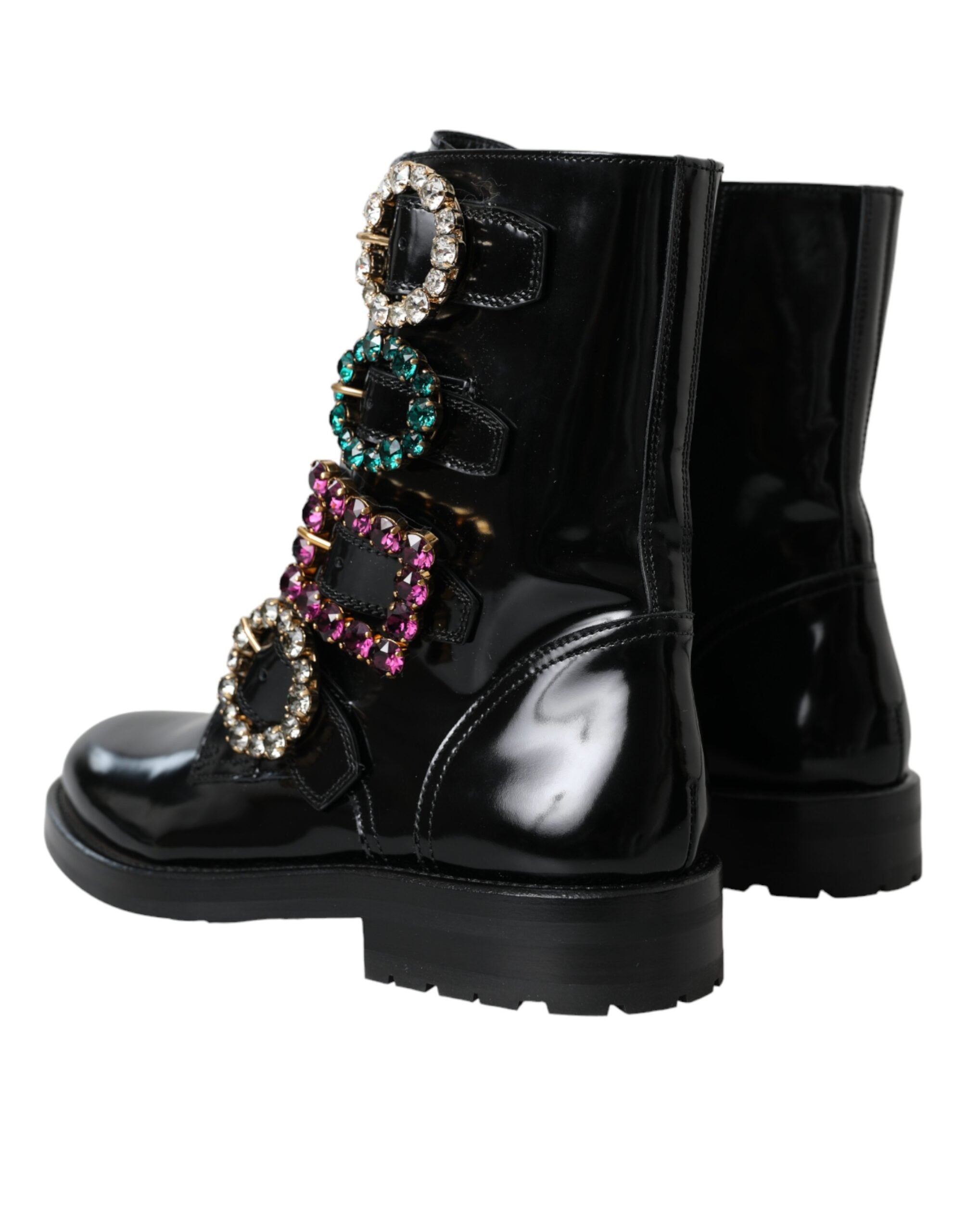 Dolce & Gabbana Schwarze Lederstiefel mit Kristallschnallen