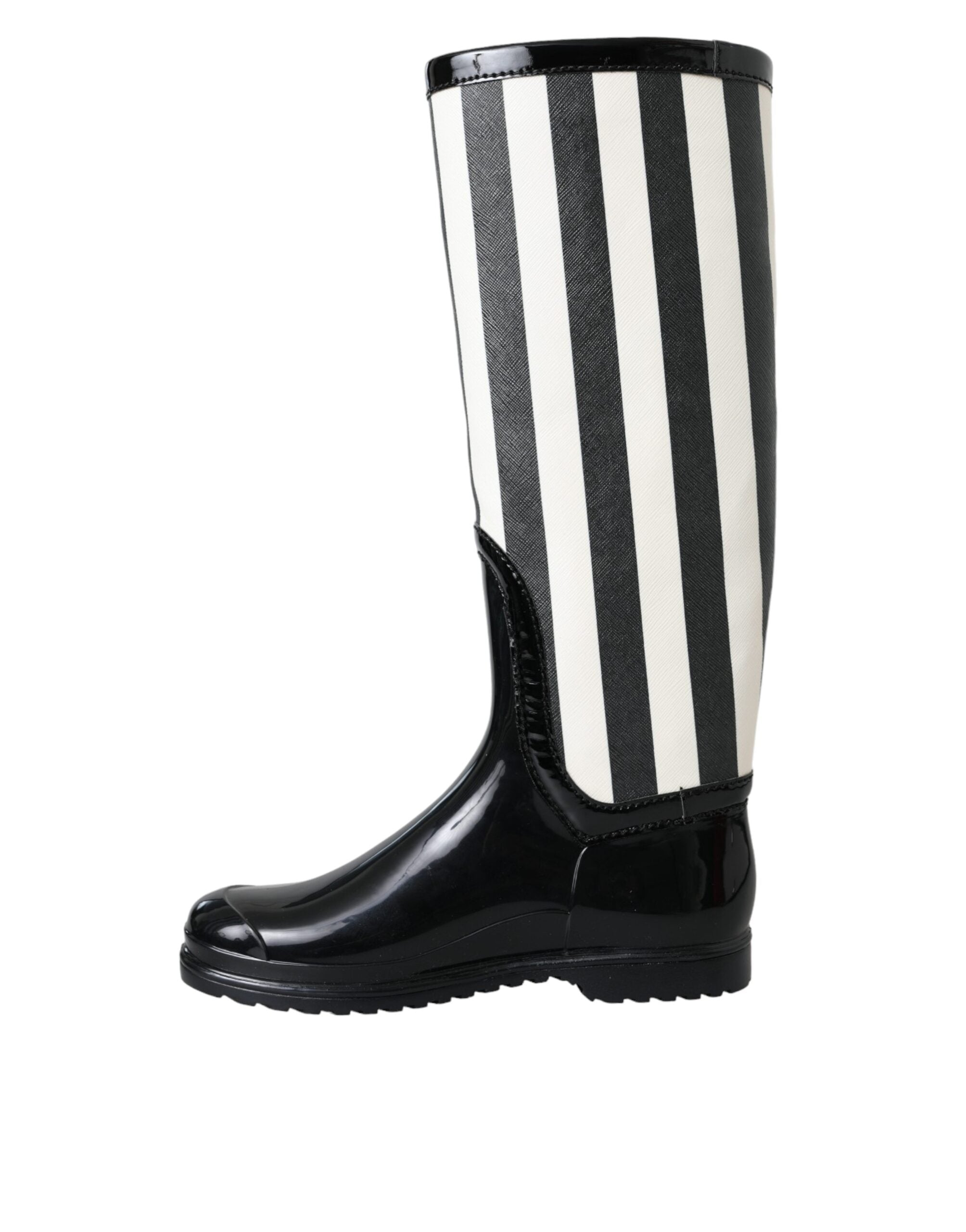 Dolce & Gabbana – Kniehohe, flache Stiefel aus schwarzem Gummi