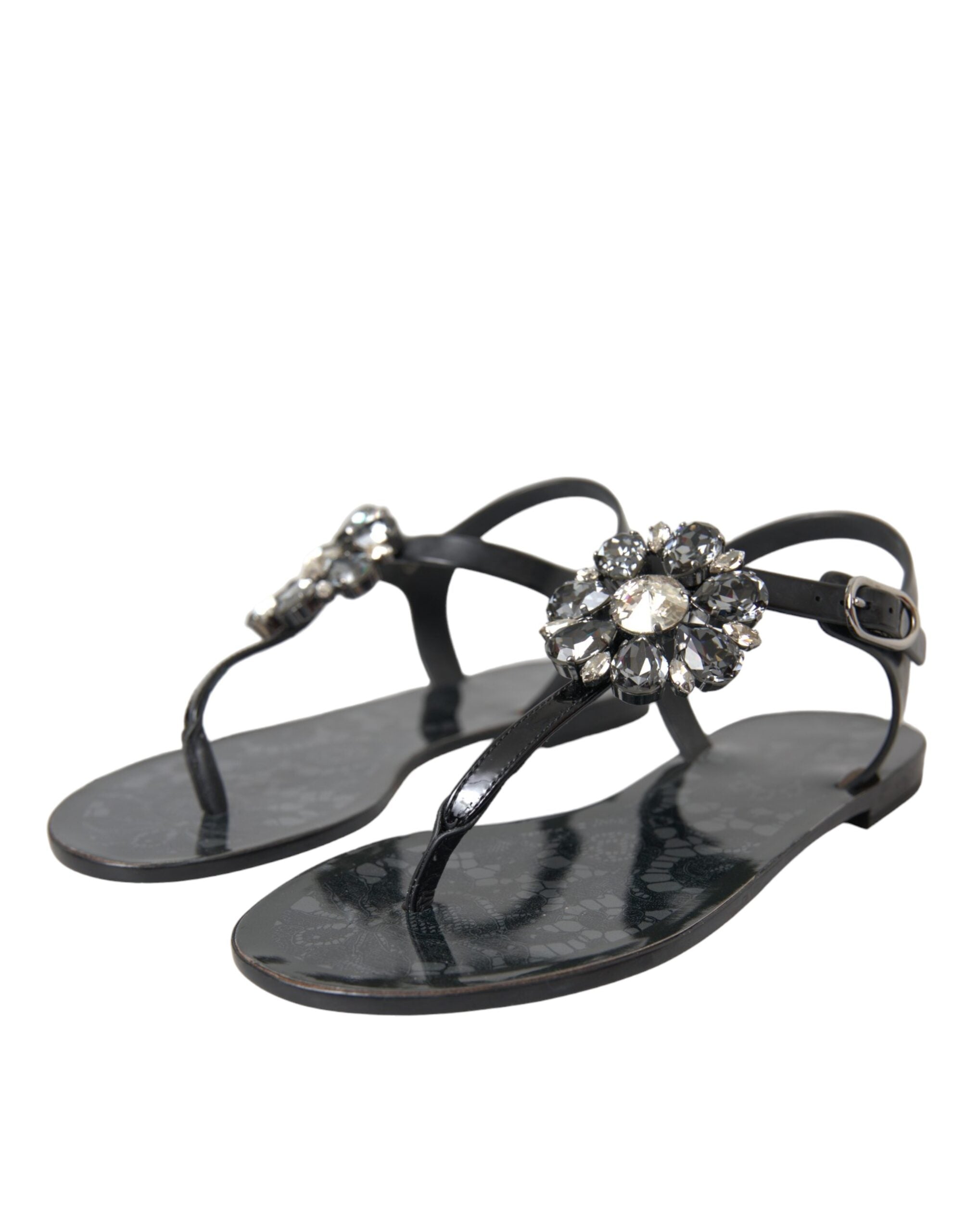 Dolce & Gabbana Schwarze Kristall-Flache Sandalen Flip-Flops Schuhe