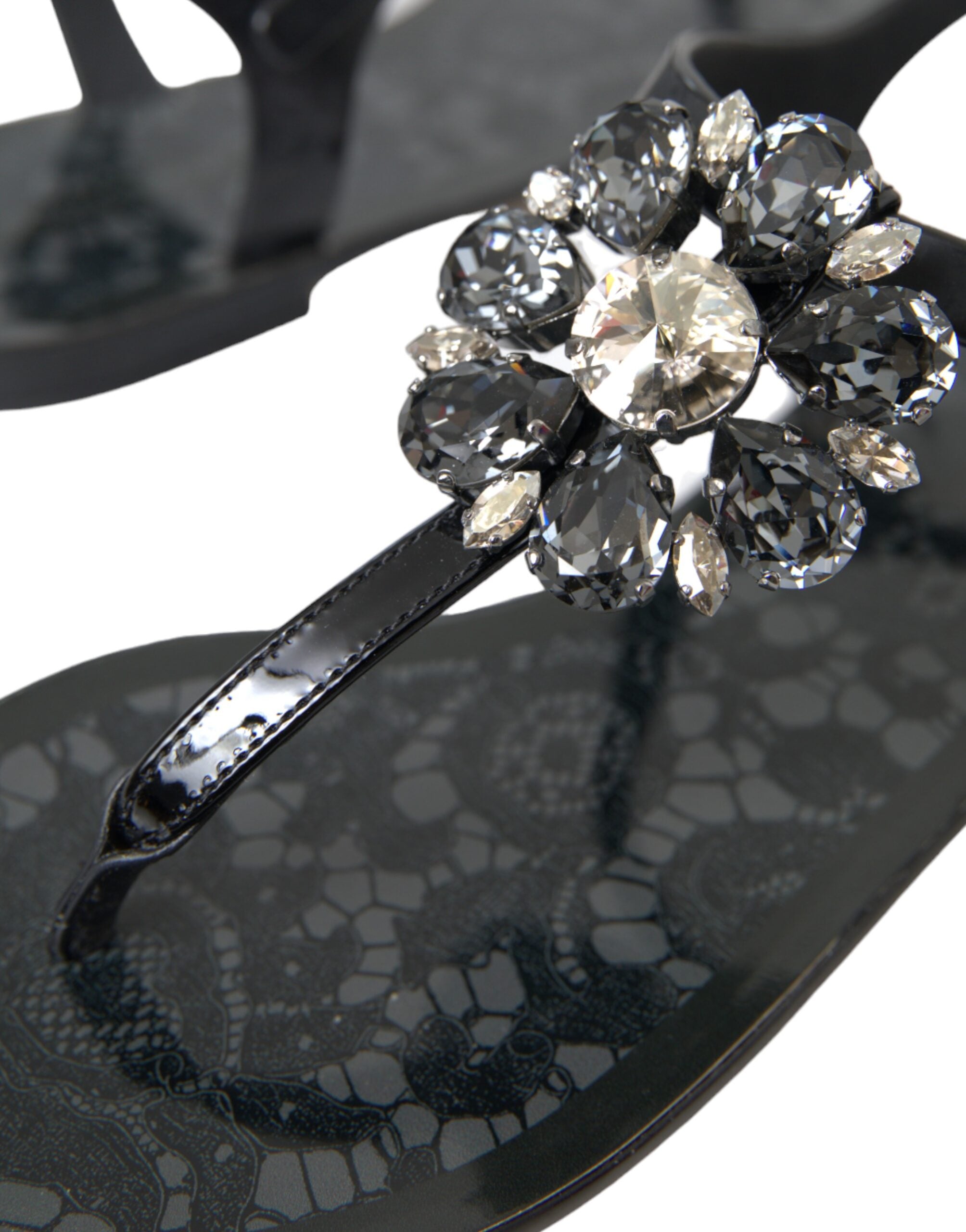 Dolce & Gabbana Schwarze Kristall-Flache Sandalen Flip-Flops Schuhe