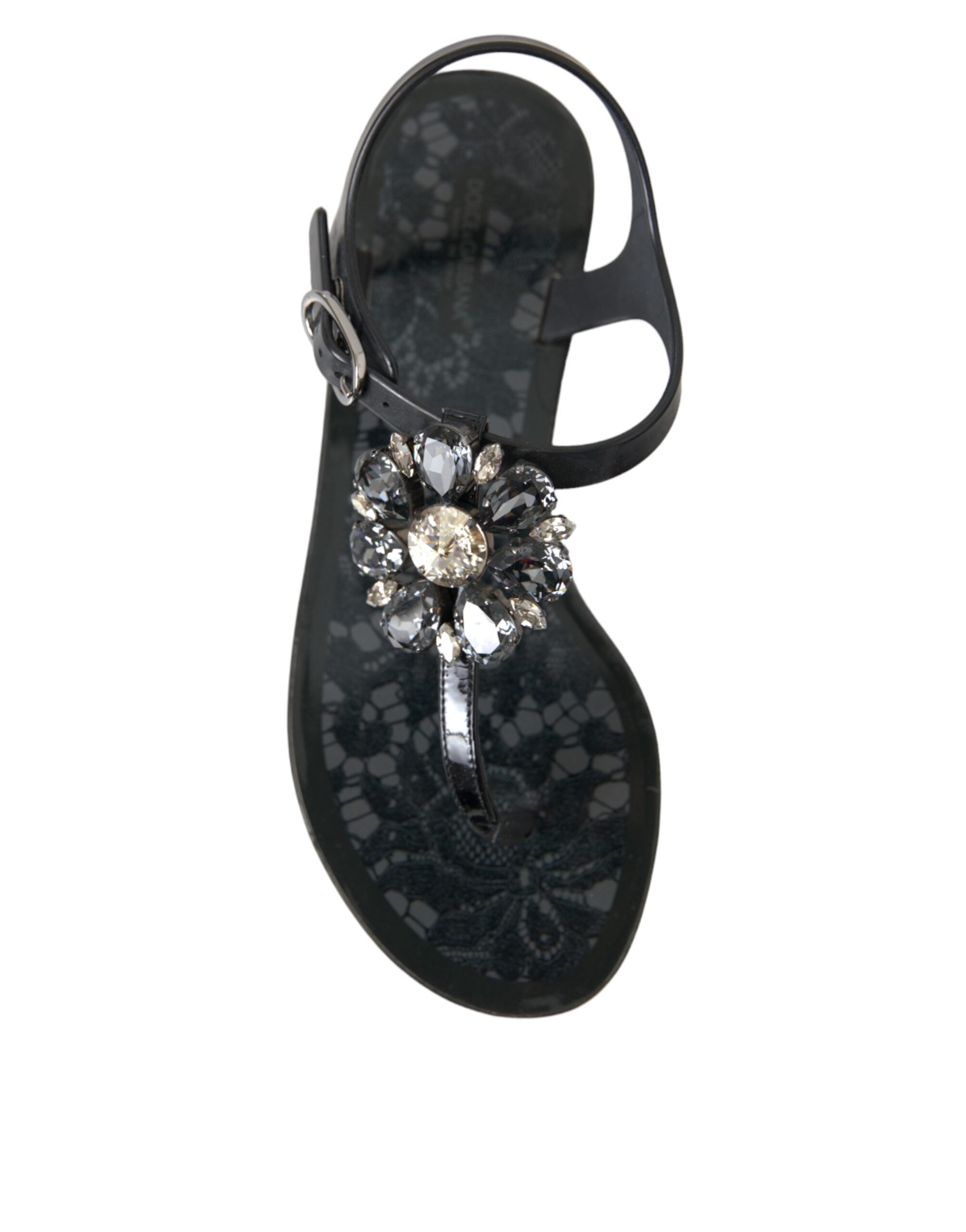 Dolce & Gabbana Schwarze Kristall-Flache Sandalen Flip-Flops Schuhe