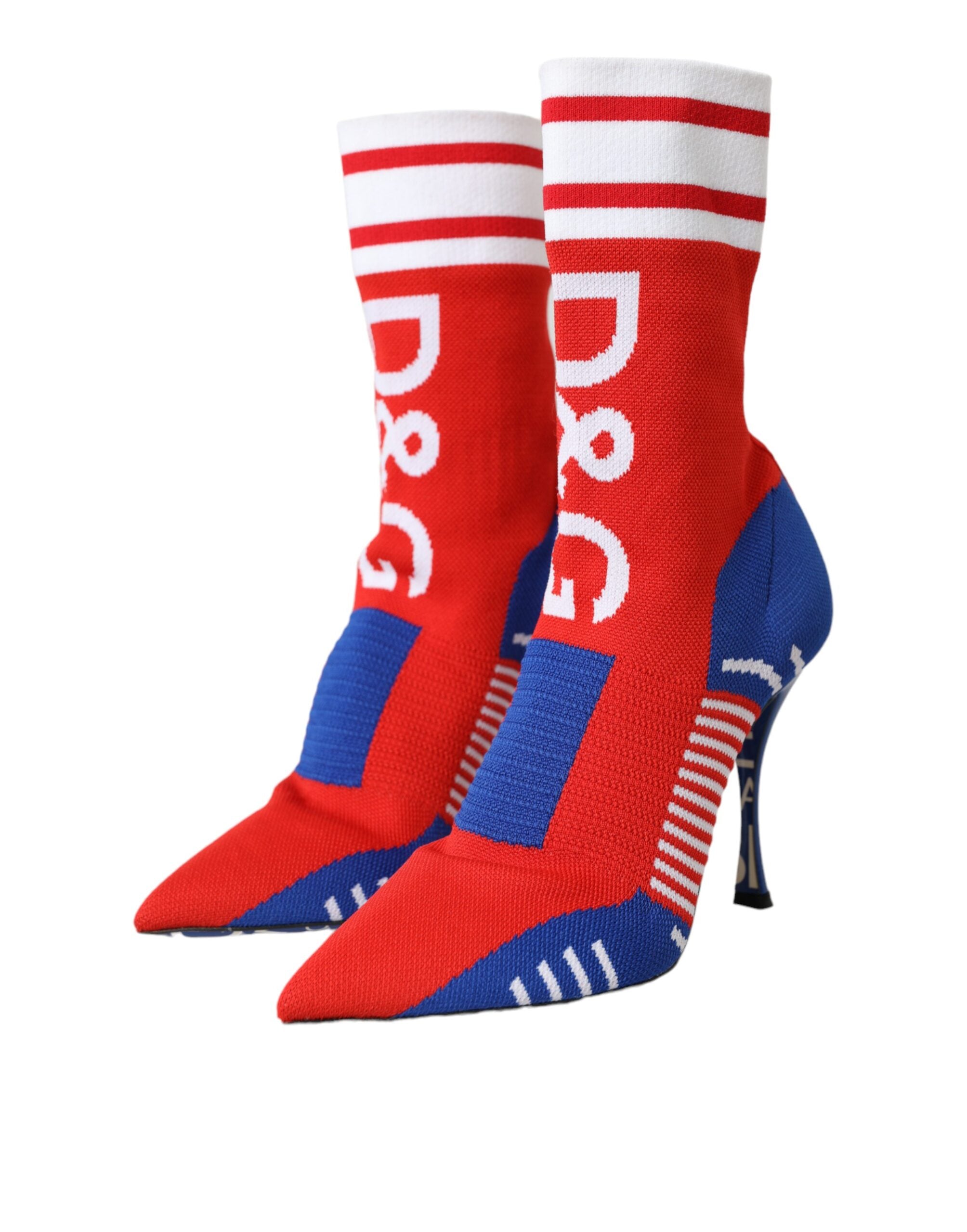 Dolce & Gabbana – Rot-blaue Stretch-Stiefeletten im Sockenstil mit Logo