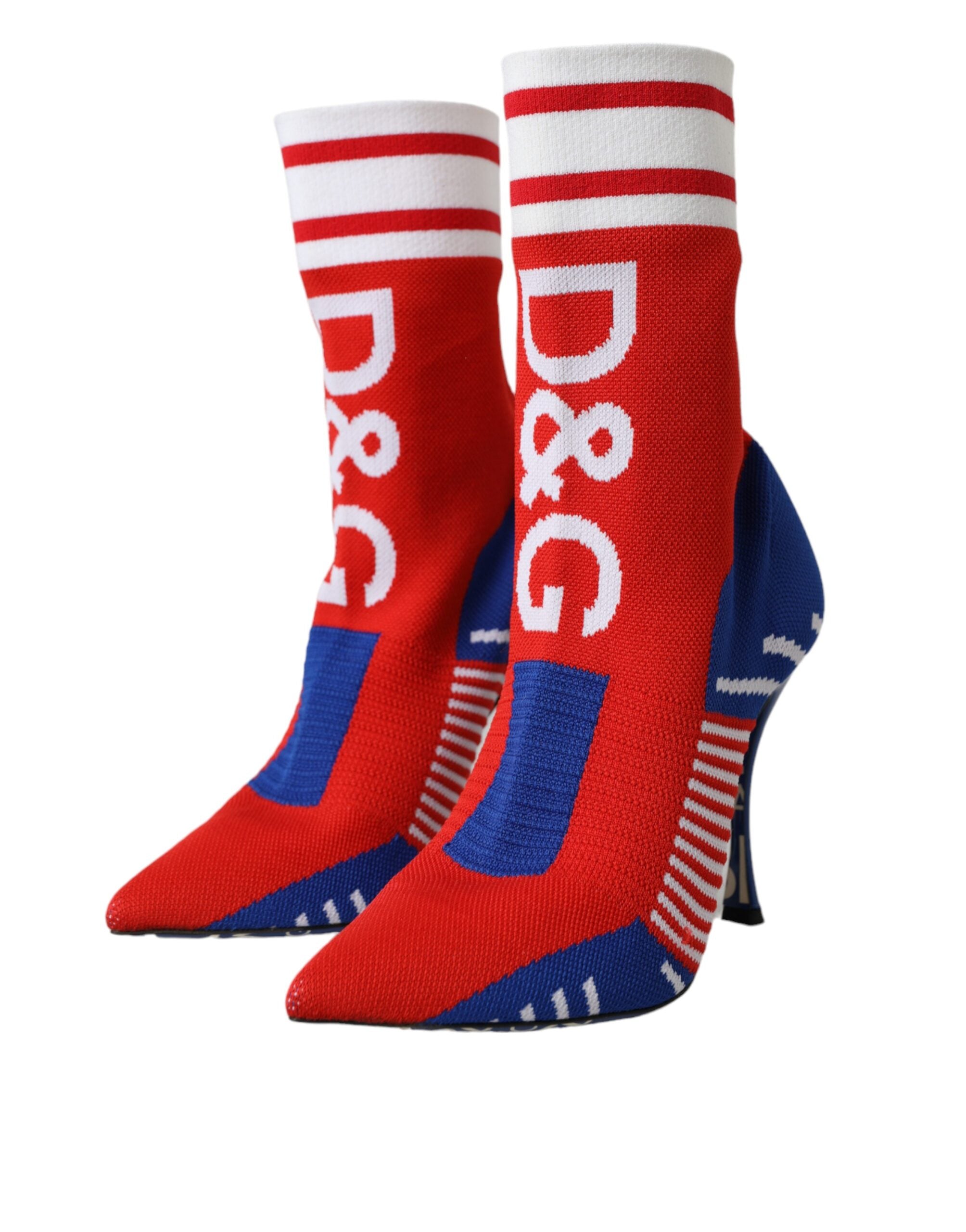 Dolce & Gabbana – Rote und blaue Stretch-Stiefel im Sockenstil mit Logo