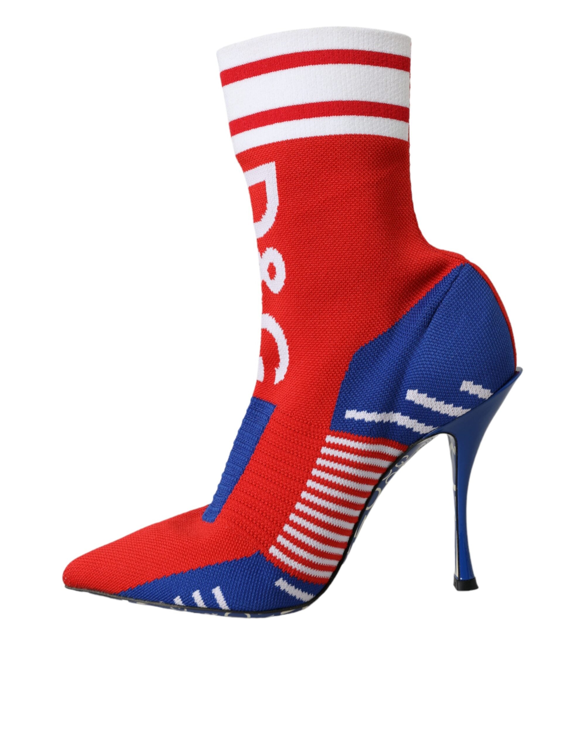Dolce & Gabbana – Rote und blaue Stretch-Stiefel im Sockenstil mit Logo