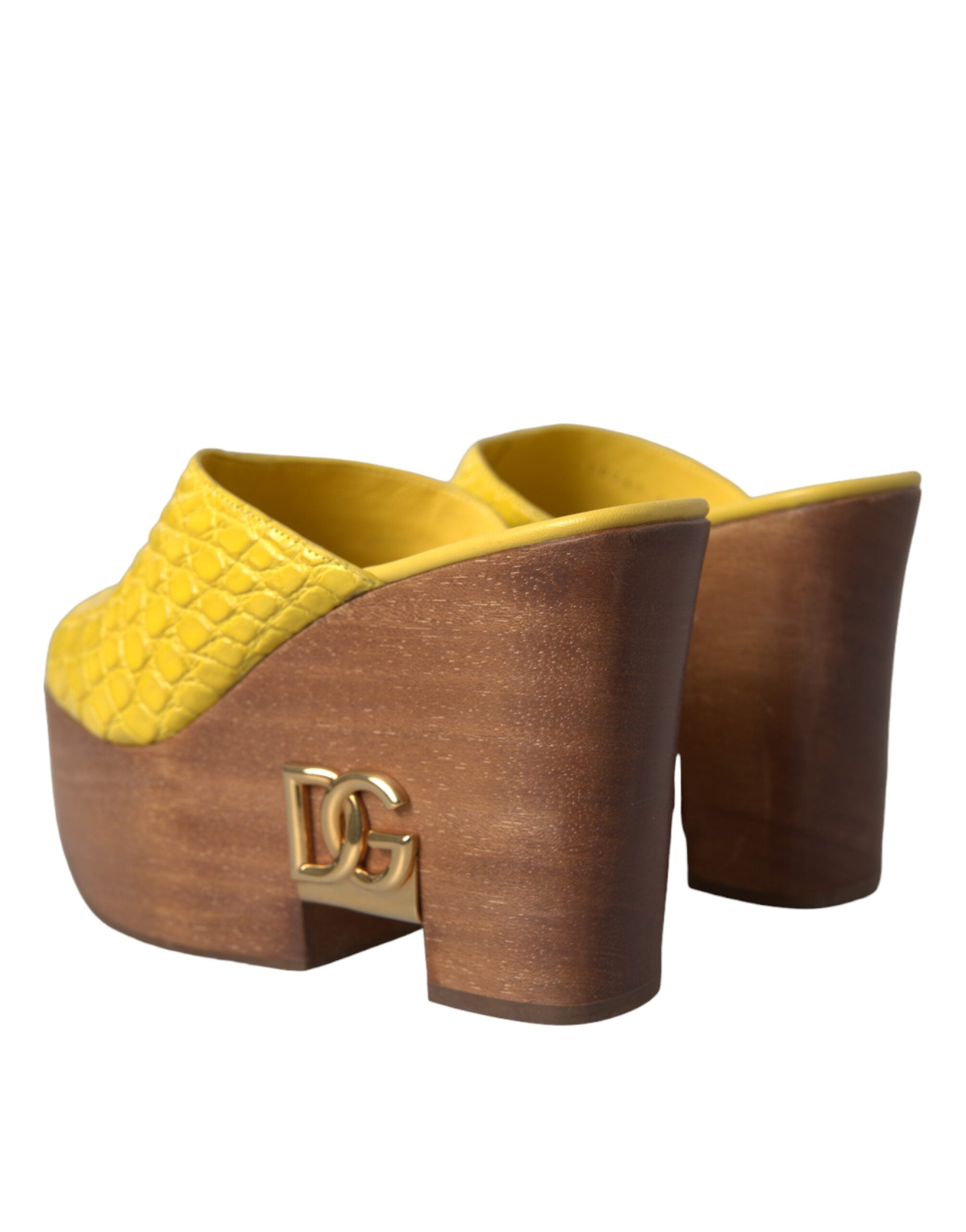 Dolce & Gabbana – Pantoletten mit Keilabsatz aus gelbem Leder und Holz