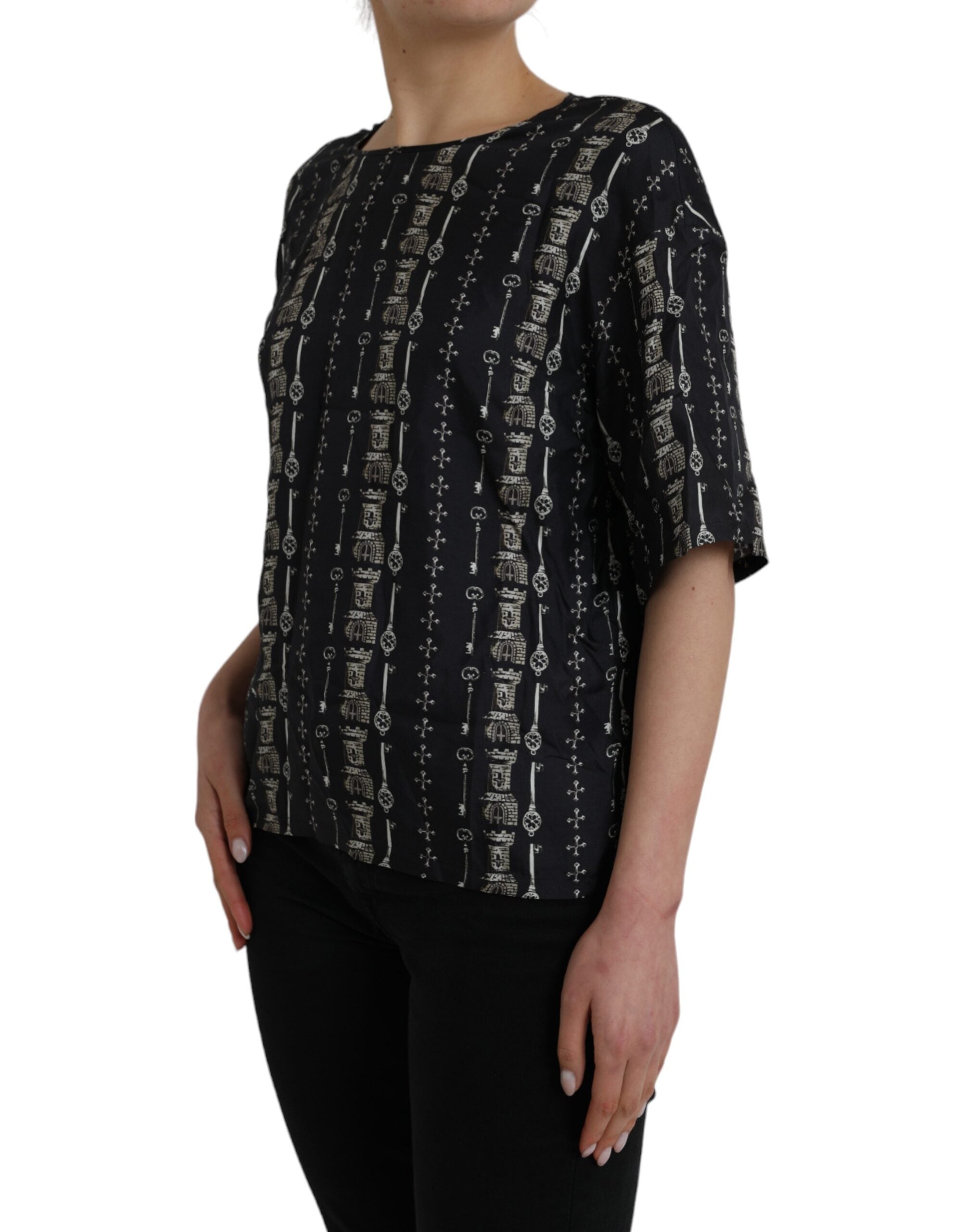 Dolce & Gabbana – Schwarzes Seidenblusen-T-Shirt mit Schloss-Print