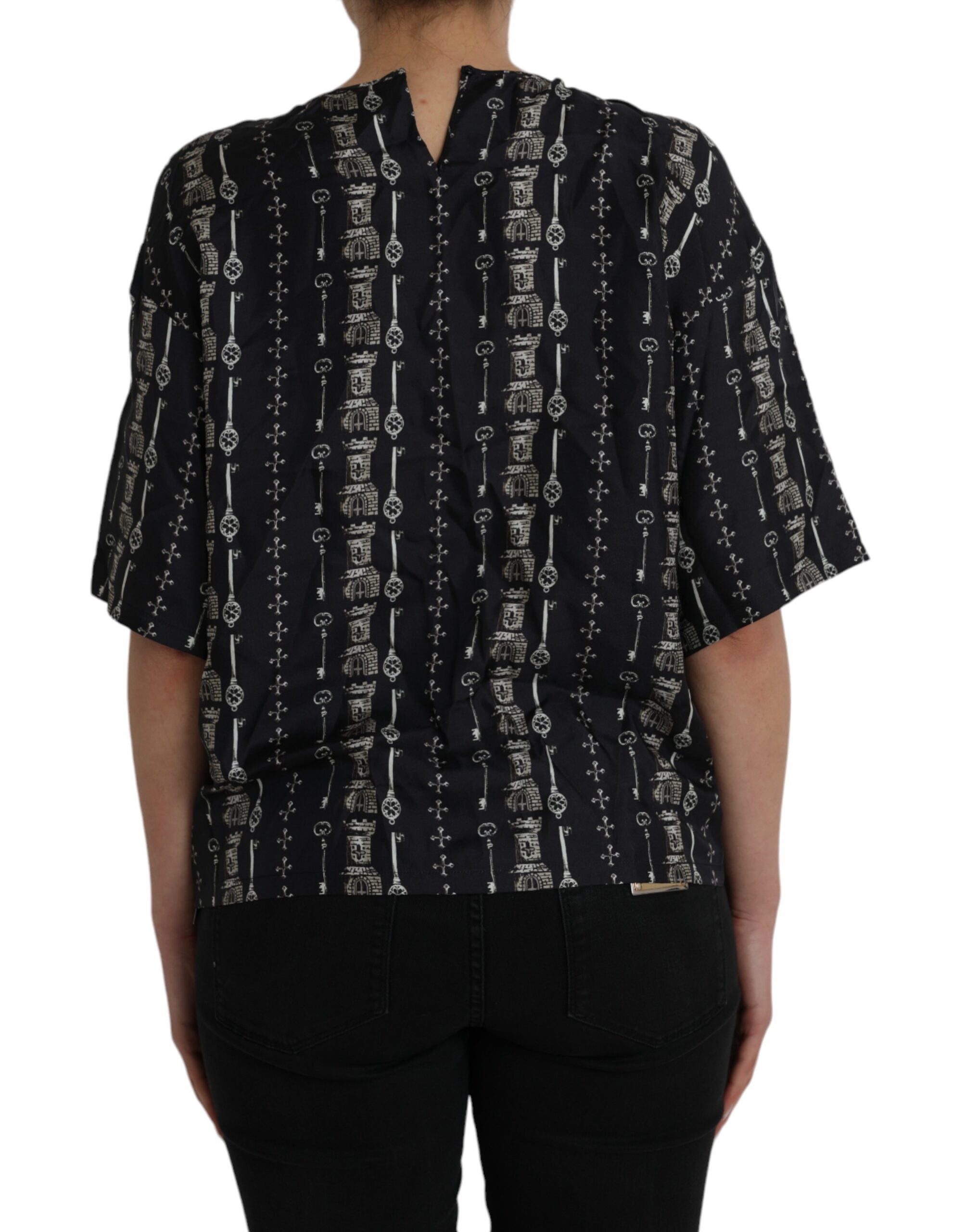 Dolce & Gabbana – Schwarzes Seidenblusen-T-Shirt mit Schloss-Print