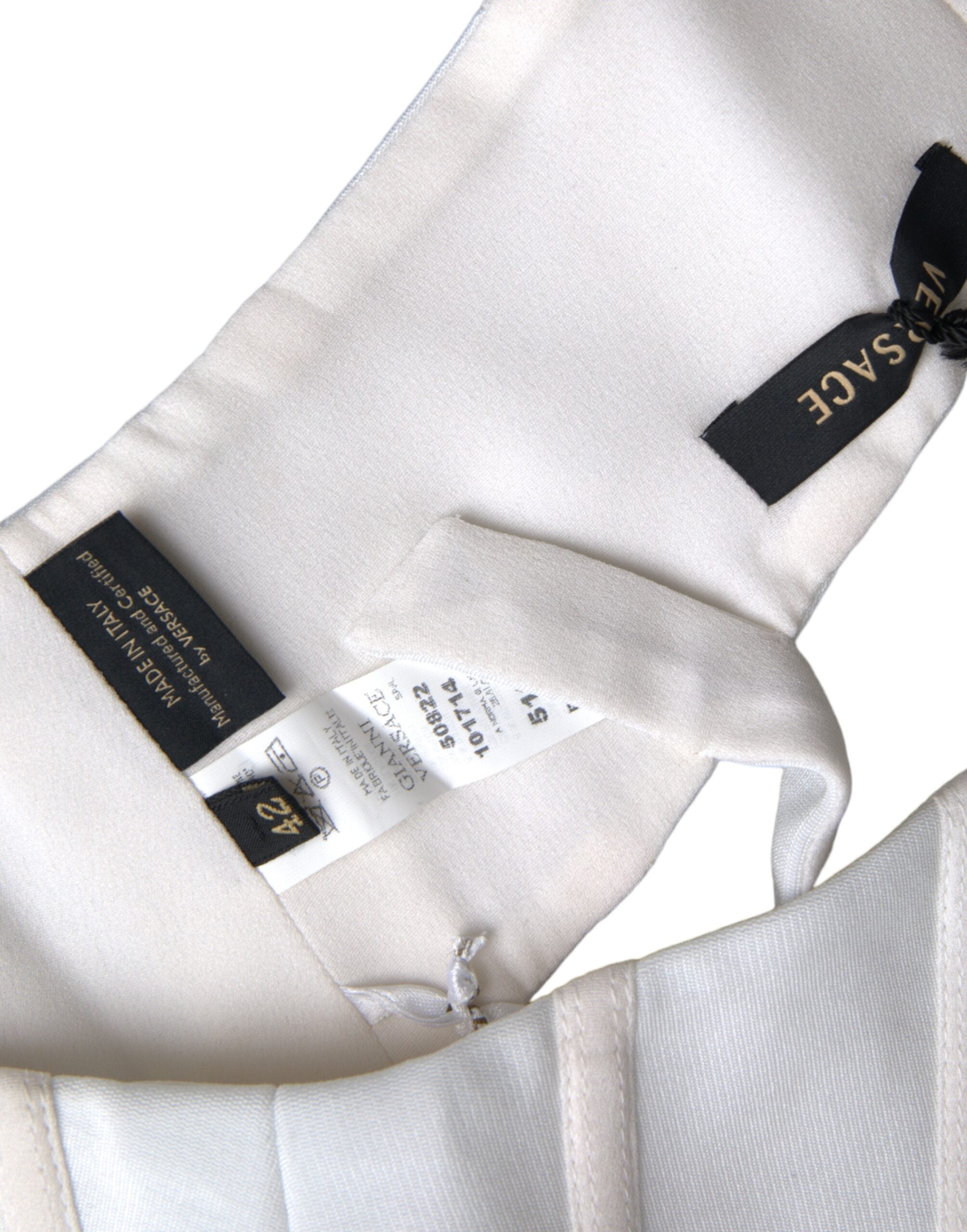 Top scurt fără mâneci Versace din viscoză albă, cu bustier