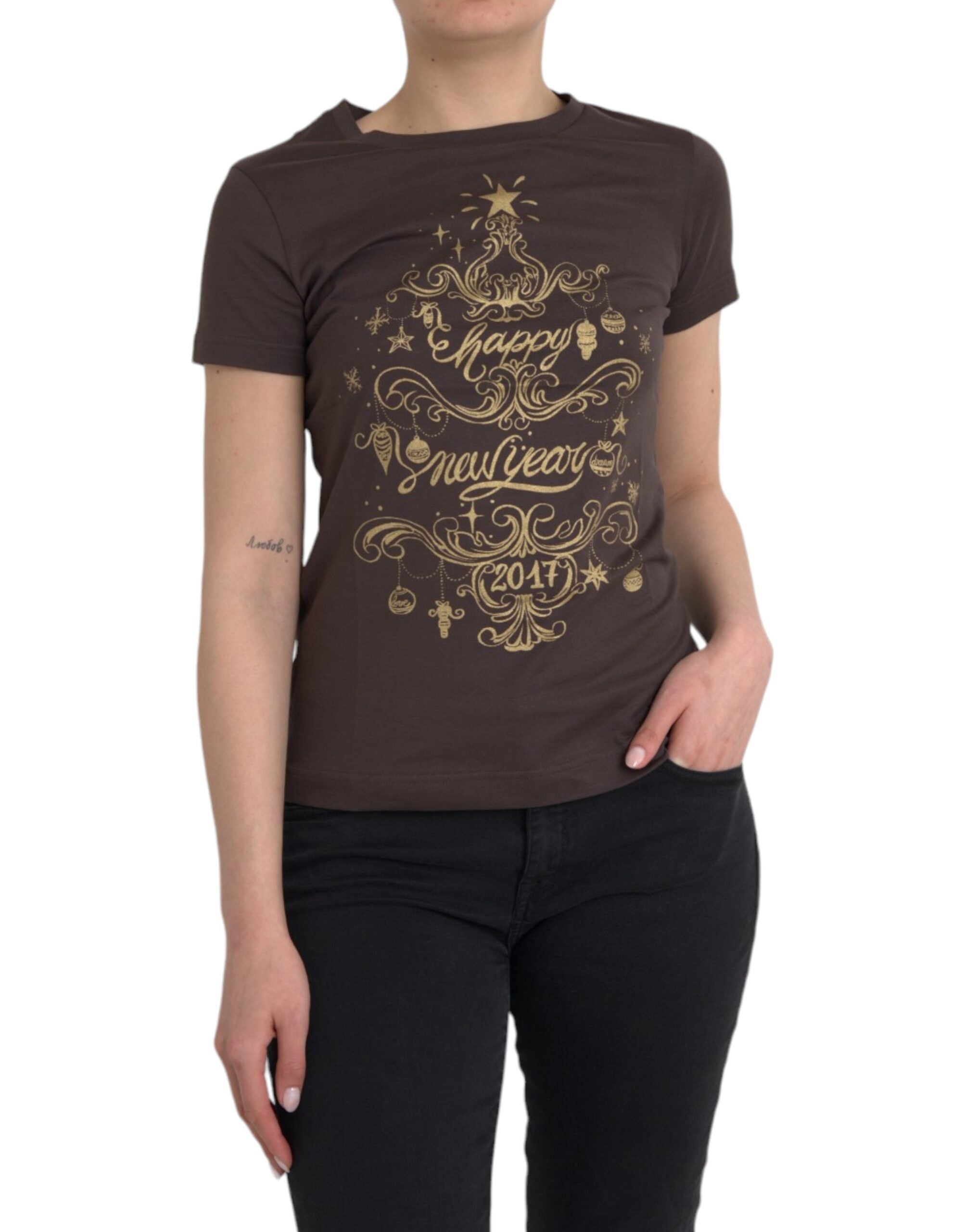 Tricou Dolce & Gabbana maro cu guler rotund și imprimeu 2017