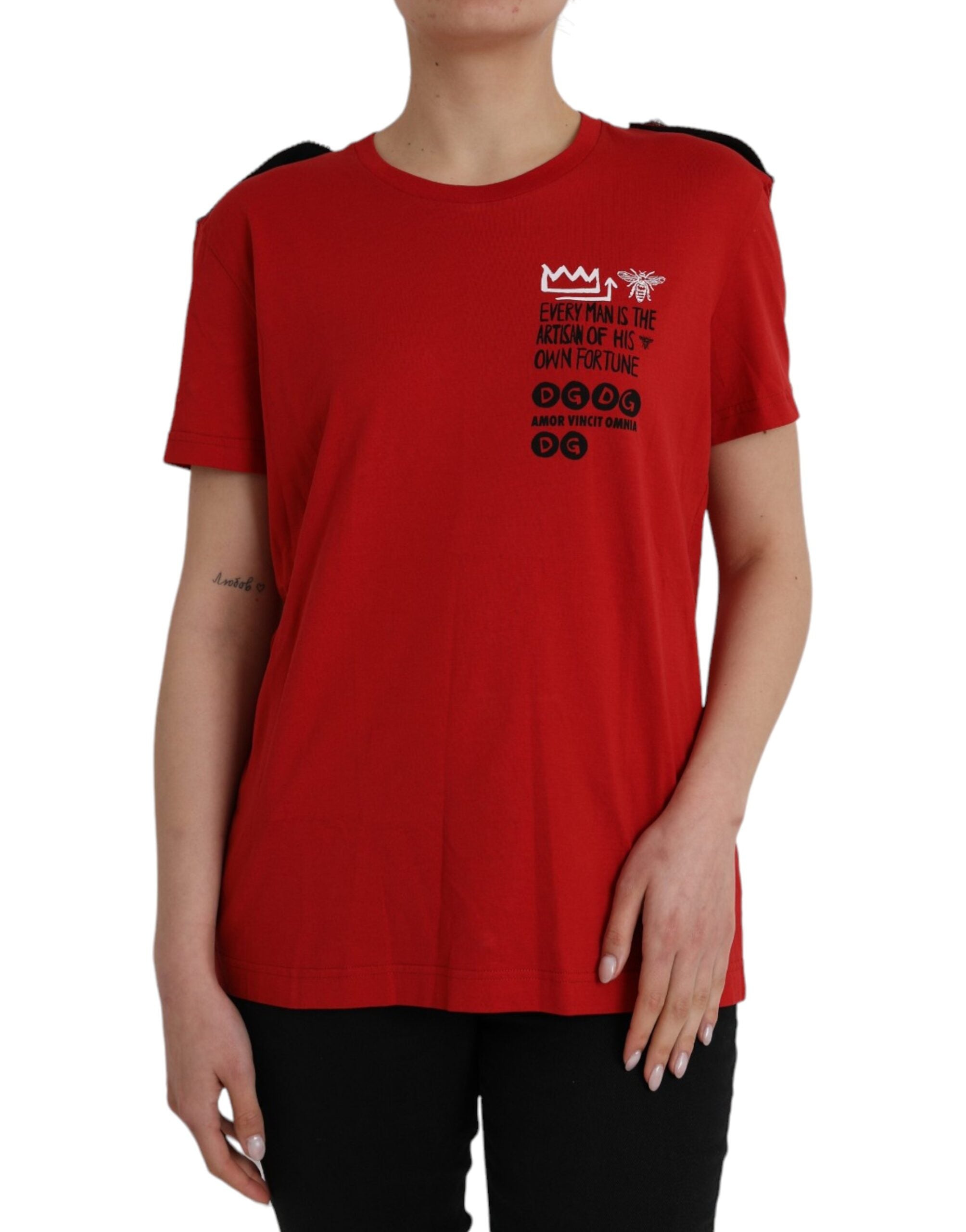 Tricou Dolce & Gabbana roșu din bumbac cu imprimeu grafic și guler rotund