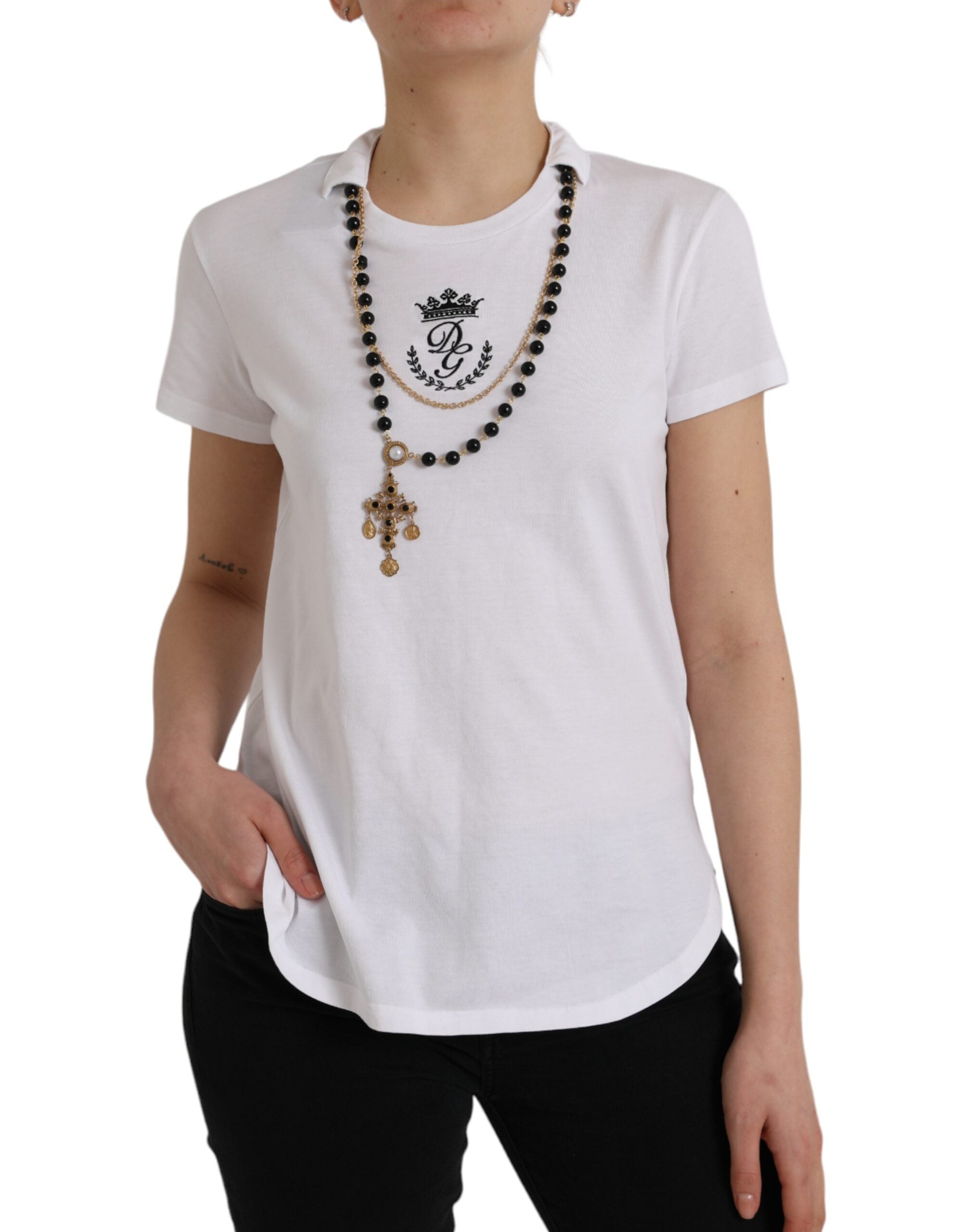 Dolce & Gabbana – Weißes T-Shirt mit kurzen Ärmeln und Halskette aus Baumwolle