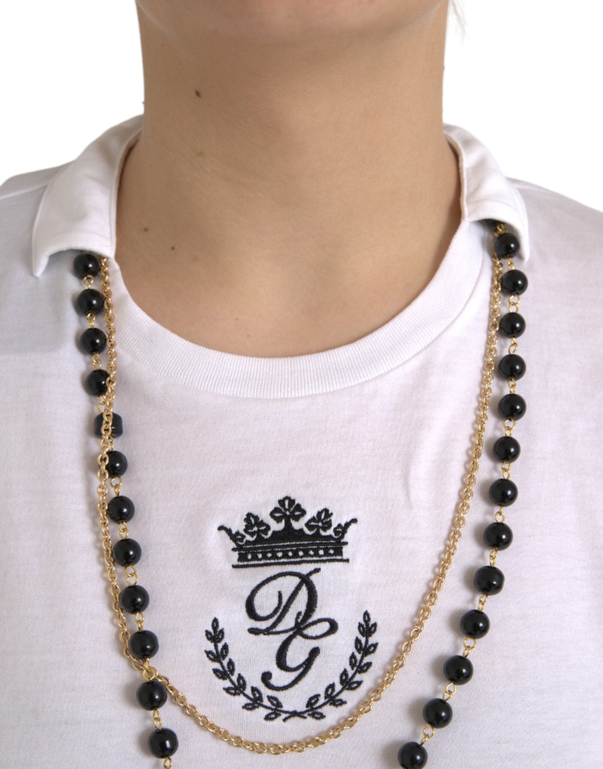 Tricou Dolce & Gabbana cu mânecă scurtă și colier alb din bumbac