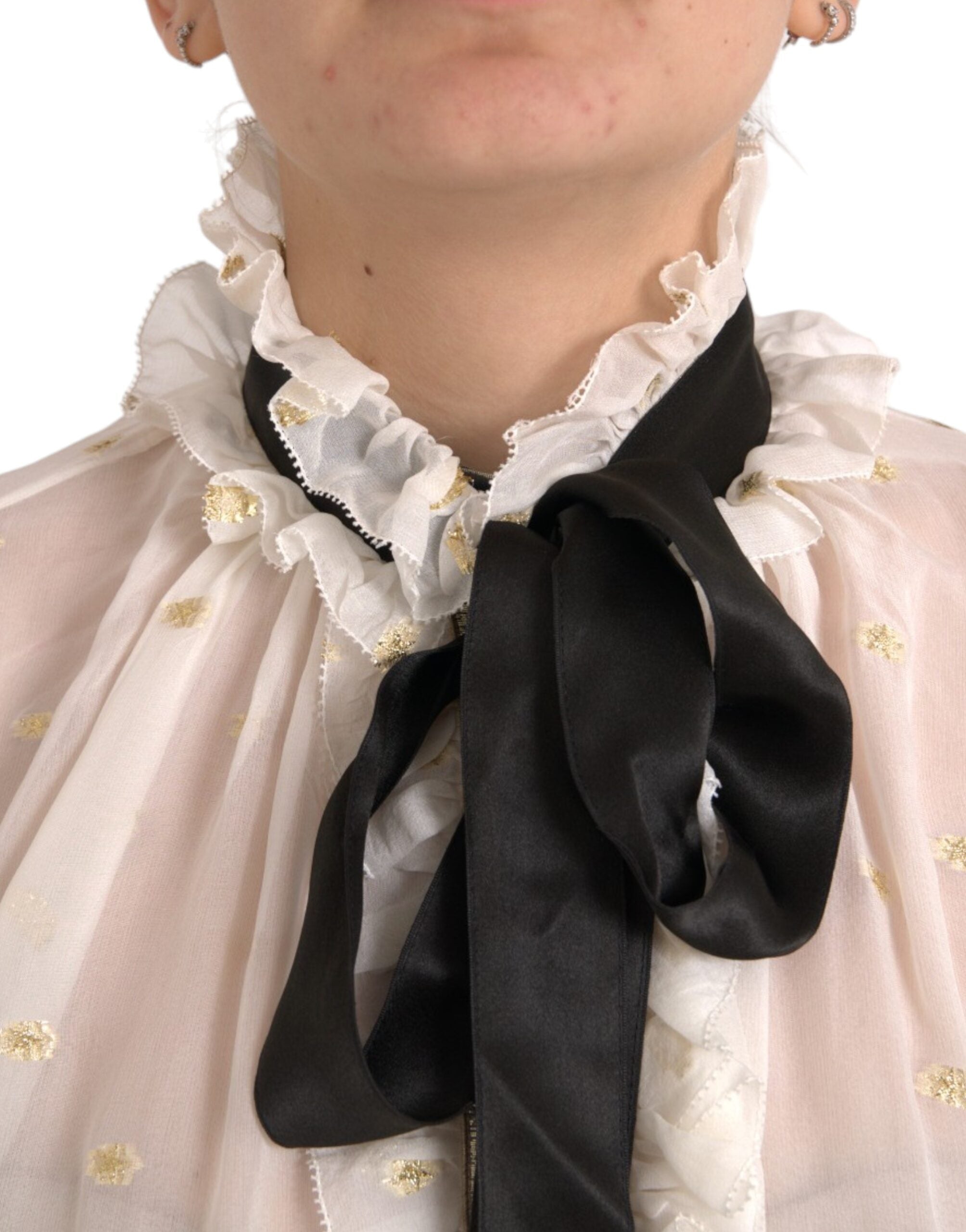 Dolce & Gabbana Blusentop aus Seidenmischung mit Ascot-Kragen in Off-White