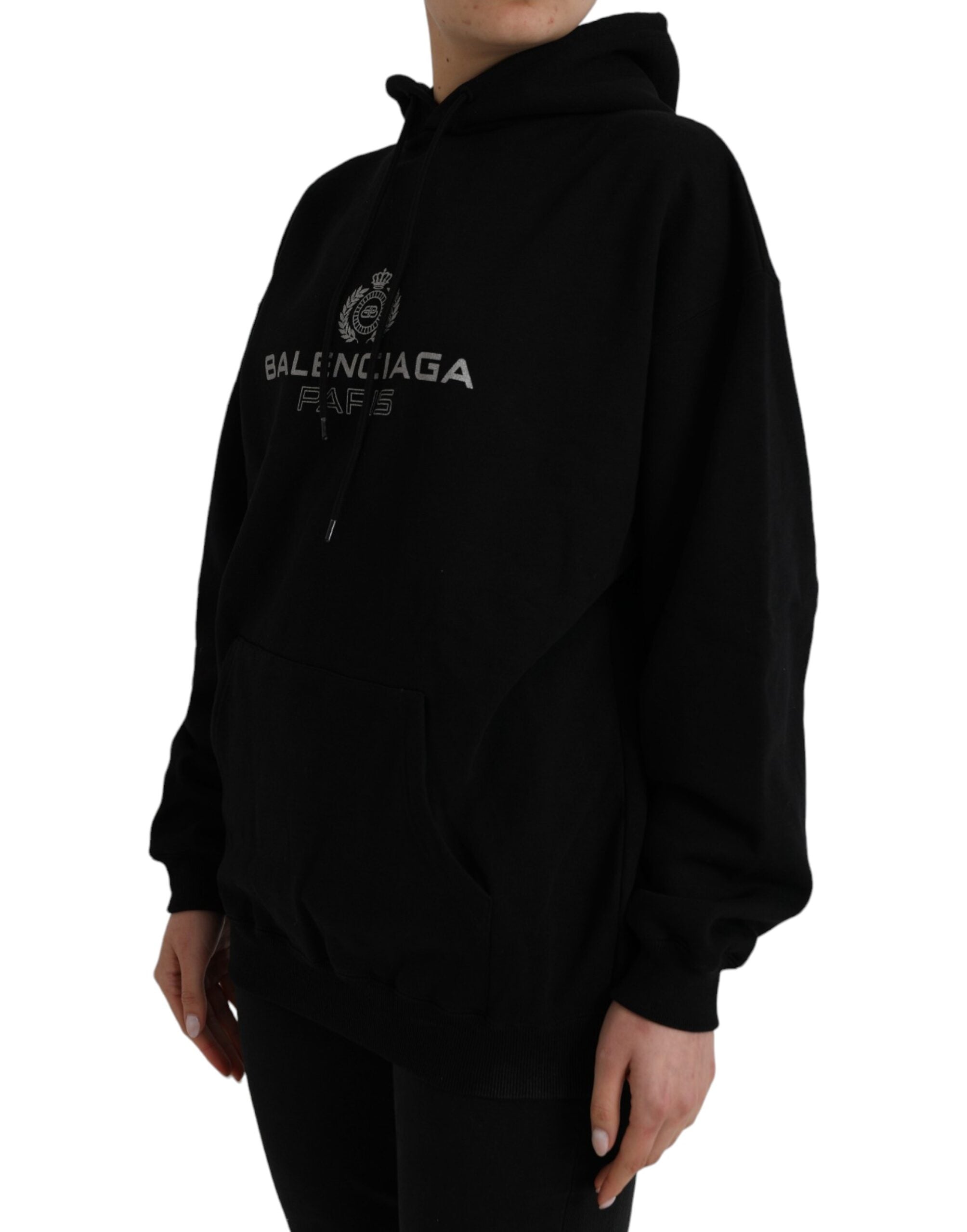 Hanorac Balenciaga cu glugă și logo din bumbac negru