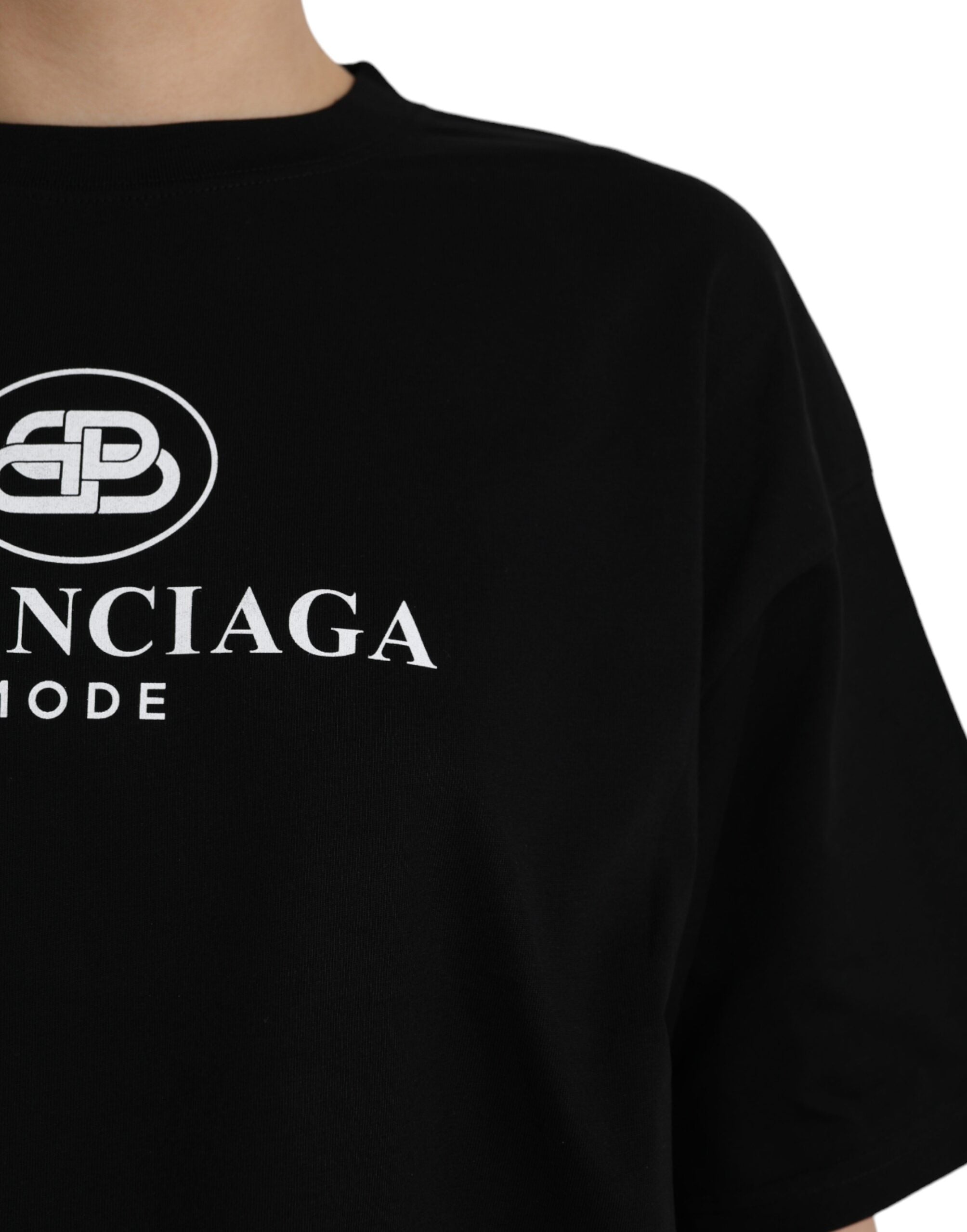 Tricou Balenciaga negru din bumbac cu mânecă scurtă și guler rotund cu logo