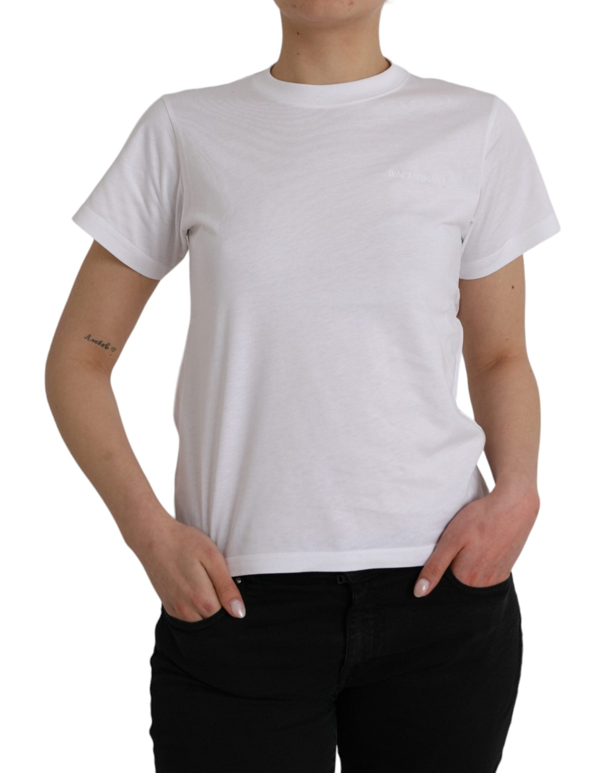 Tricou Balenciaga alb din bumbac cu guler rotund și mânecă scurtă