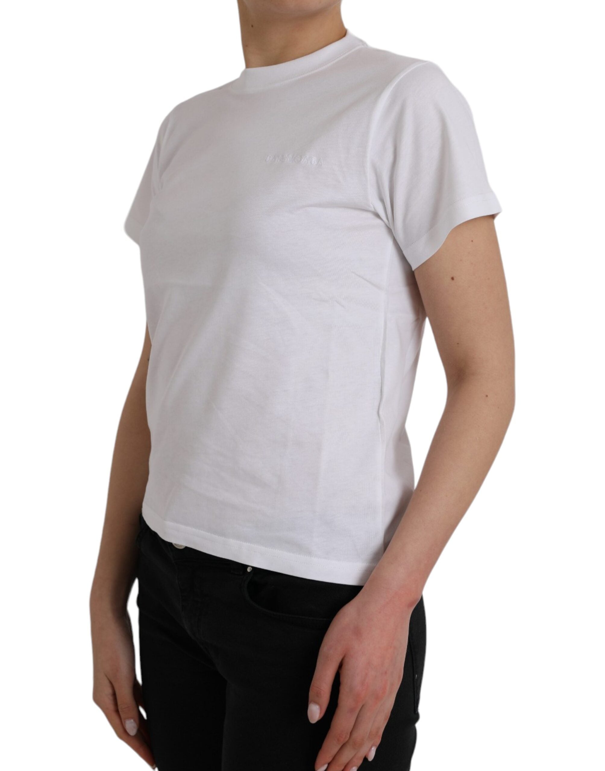 Tricou Balenciaga alb din bumbac cu guler rotund și mânecă scurtă